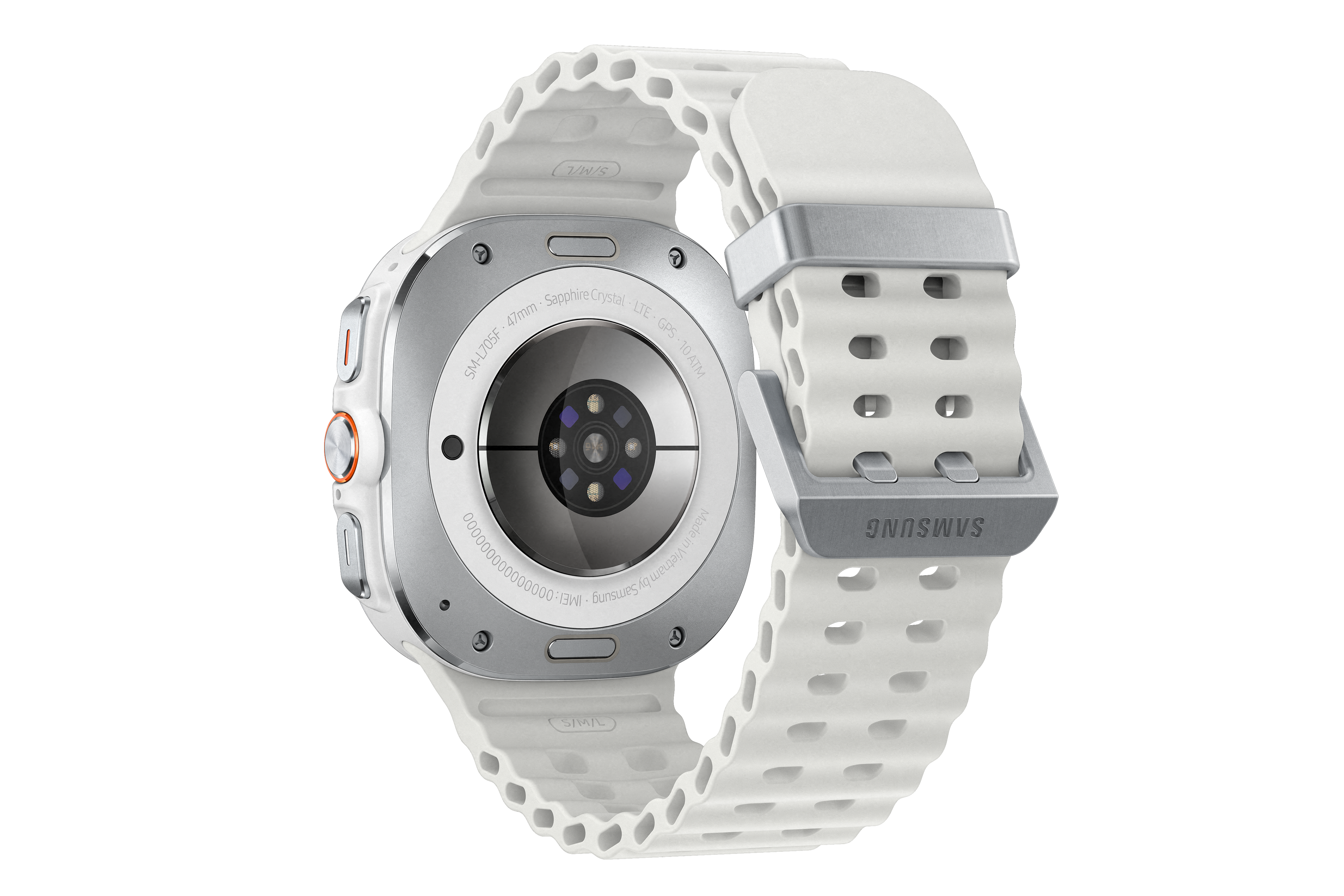 Unterseite einer weißen Smartwatch, Sensoren, Text und weißes Armband. Schwarzer Hintergrund.