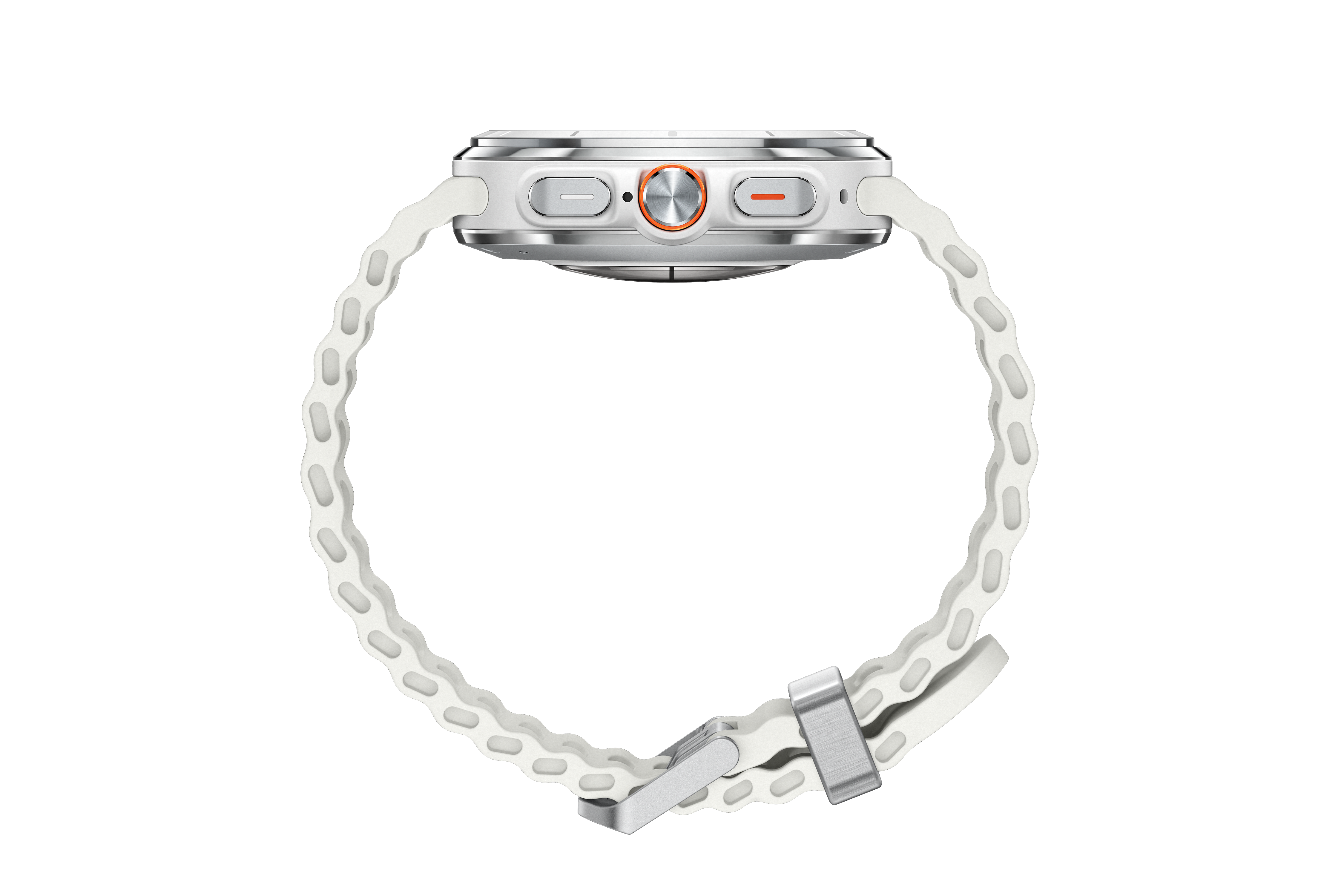 Seitenansicht einer weißen und silbernen Smartwatch mit weißem Armband, auf schwarzem Hintergrund.