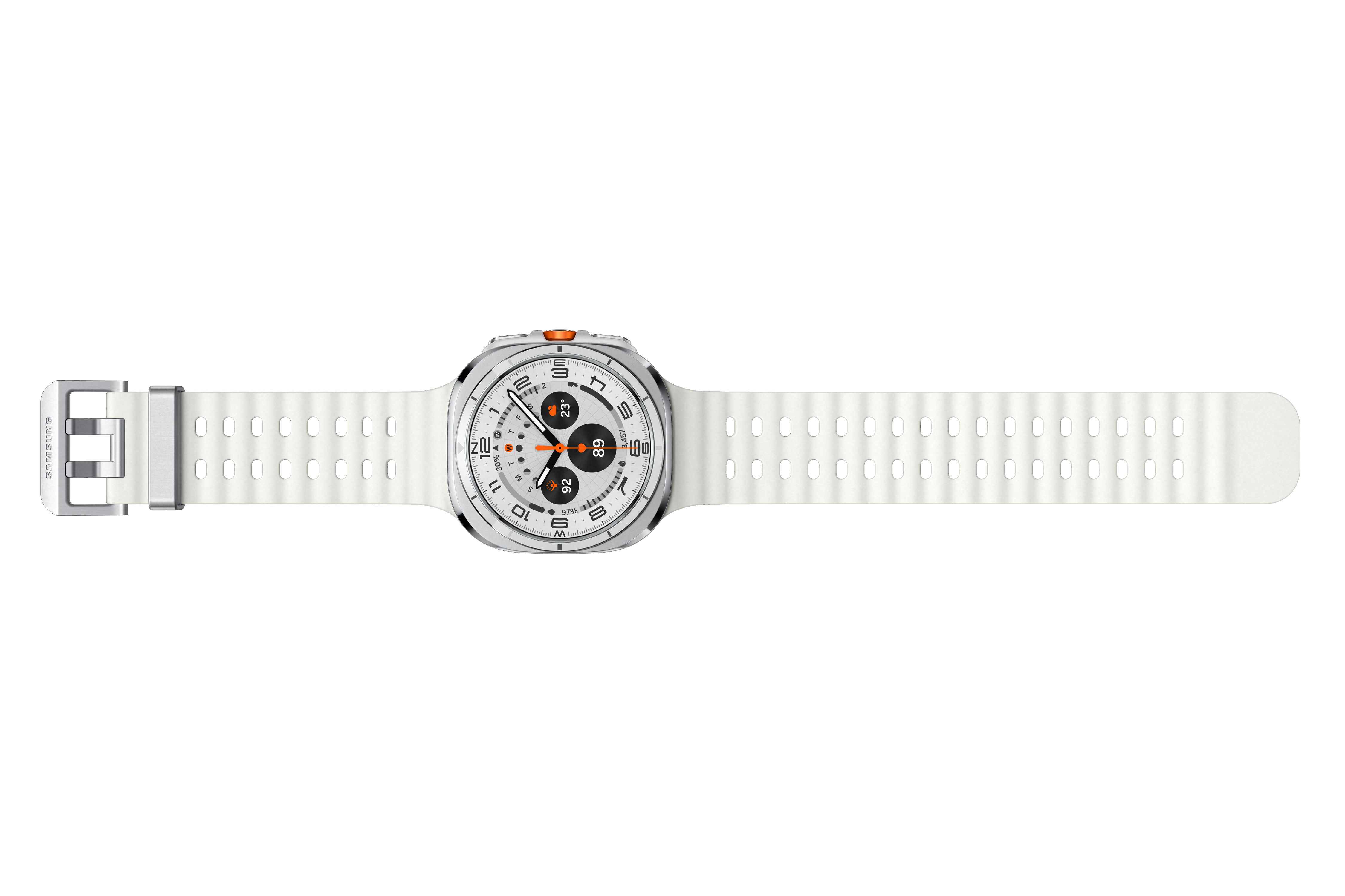 Weiße Smartwatch mit weißem Armband, schwarzer Hintergrund.