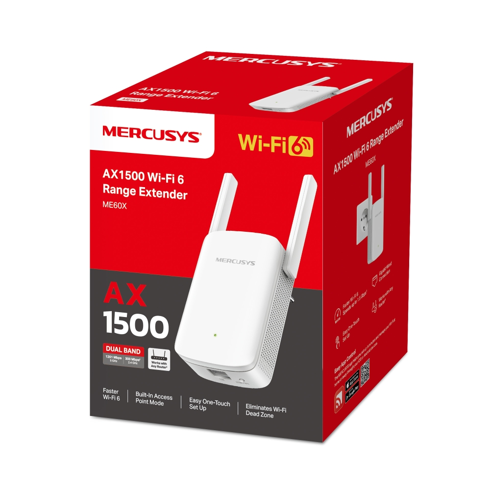 Beyaz Mercusys Wi-Fi 6 menzil genişletici kutusu, ürün görseli ve markasıyla.
