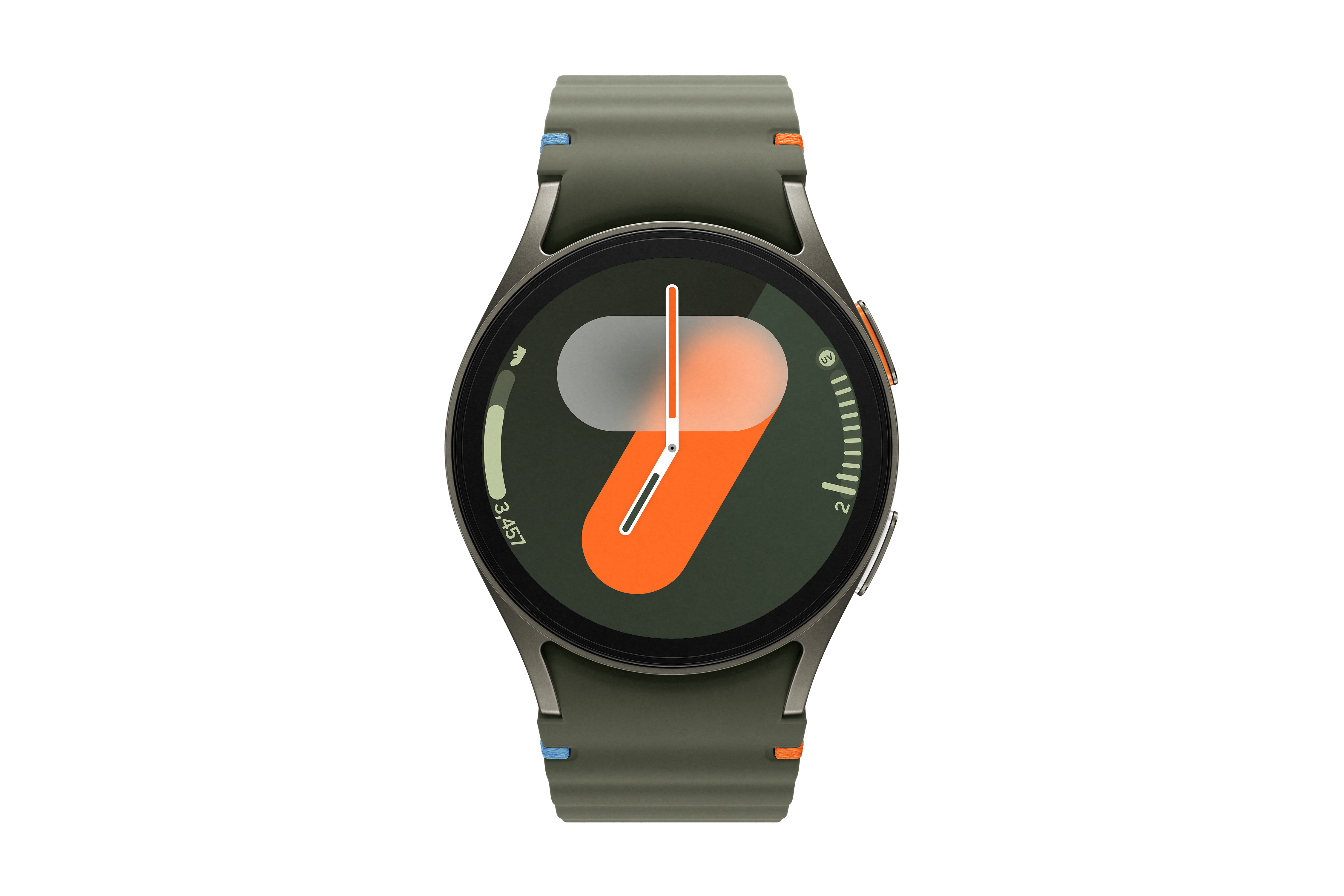 Eine Smartwatch mit grünem Armband und schwarzem Bildschirm auf schwarzem Hintergrund.