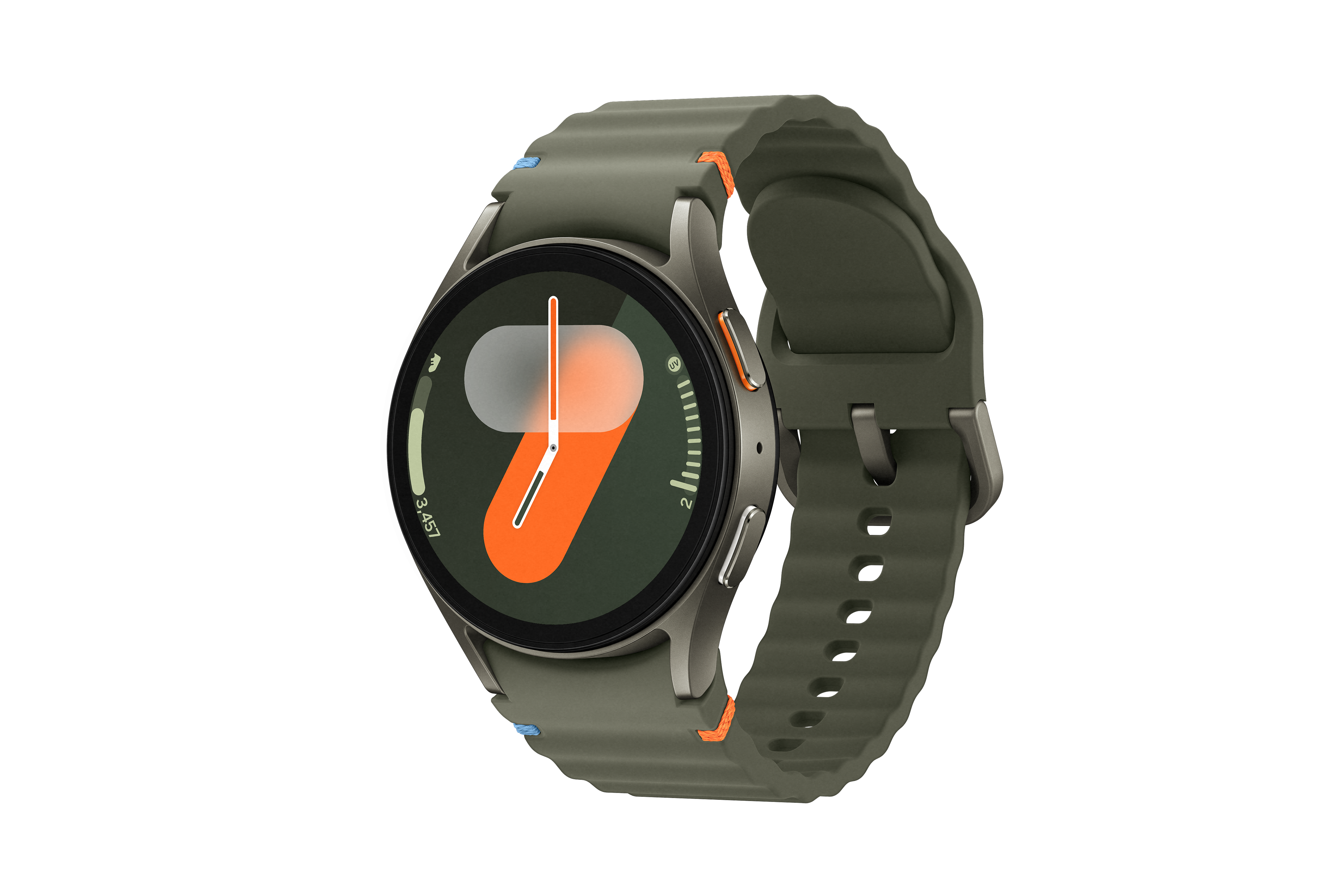Eine Smartwatch mit grünem Armband und dunklem Hintergrund. Das Zifferblatt zeigt die Zeit.