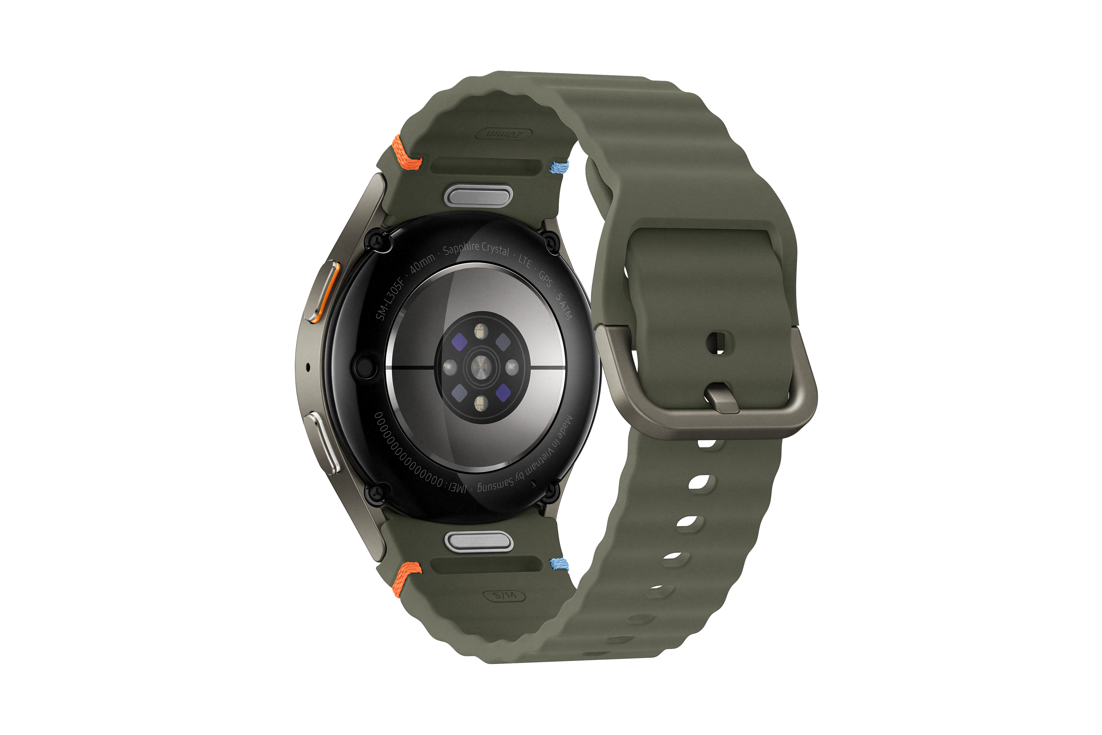 Rückansicht einer Smartwatch mit grünem Armband, auf schwarzem Hintergrund. Das Zifferblatt ist sichtbar.