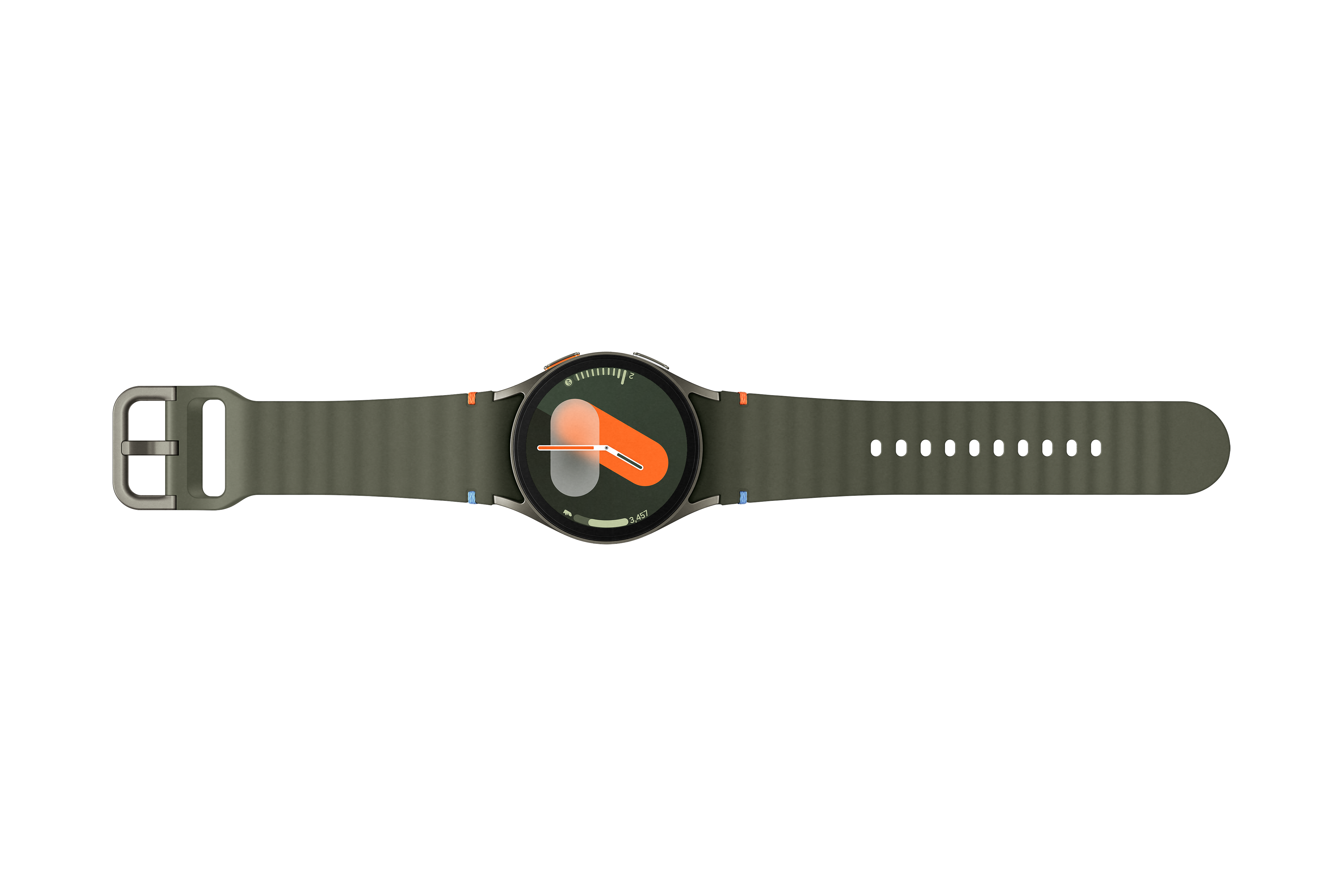 Draufsicht auf eine Smartwatch mit khaki-grünem Armband, Zifferblatt zeigt Zeit und orangefarbene Details.