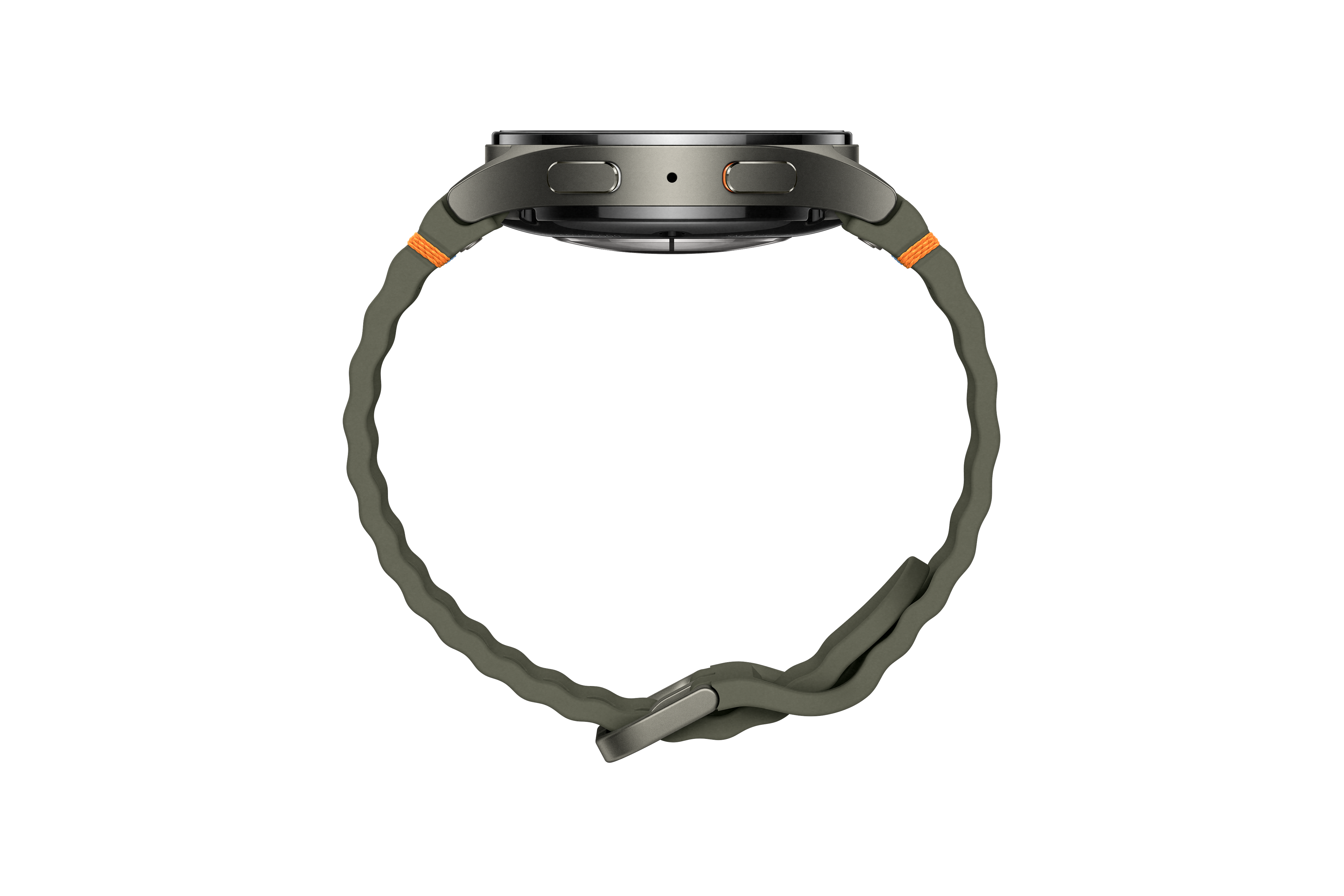 Seitenansicht einer Smartwatch mit olivgrünem Armband auf schwarzem Hintergrund.