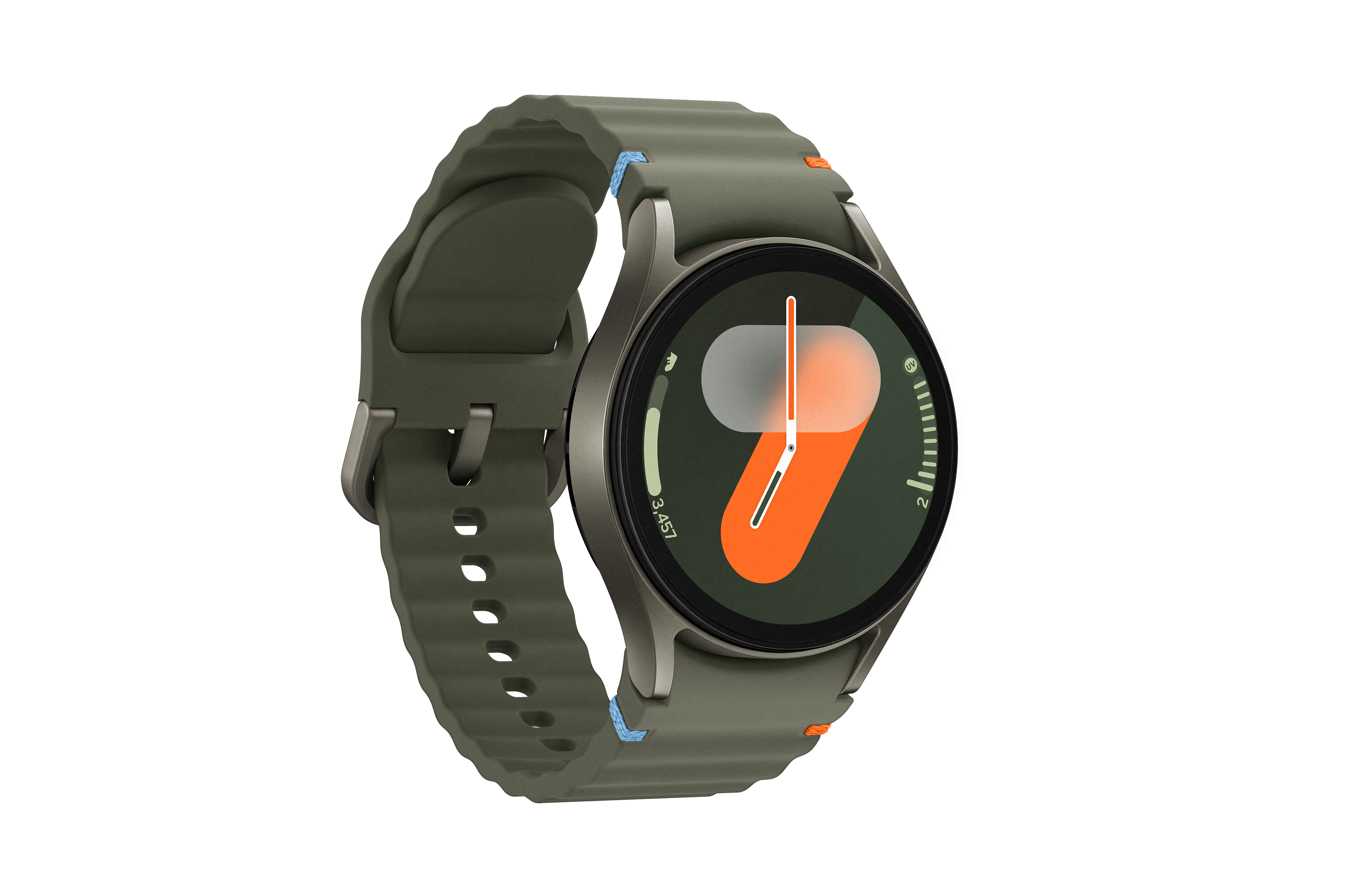 Smartwatch mit grünem Armband und digitaler Anzeige, die Zeit und andere Daten anzeigt. Schwarzer Hintergrund.