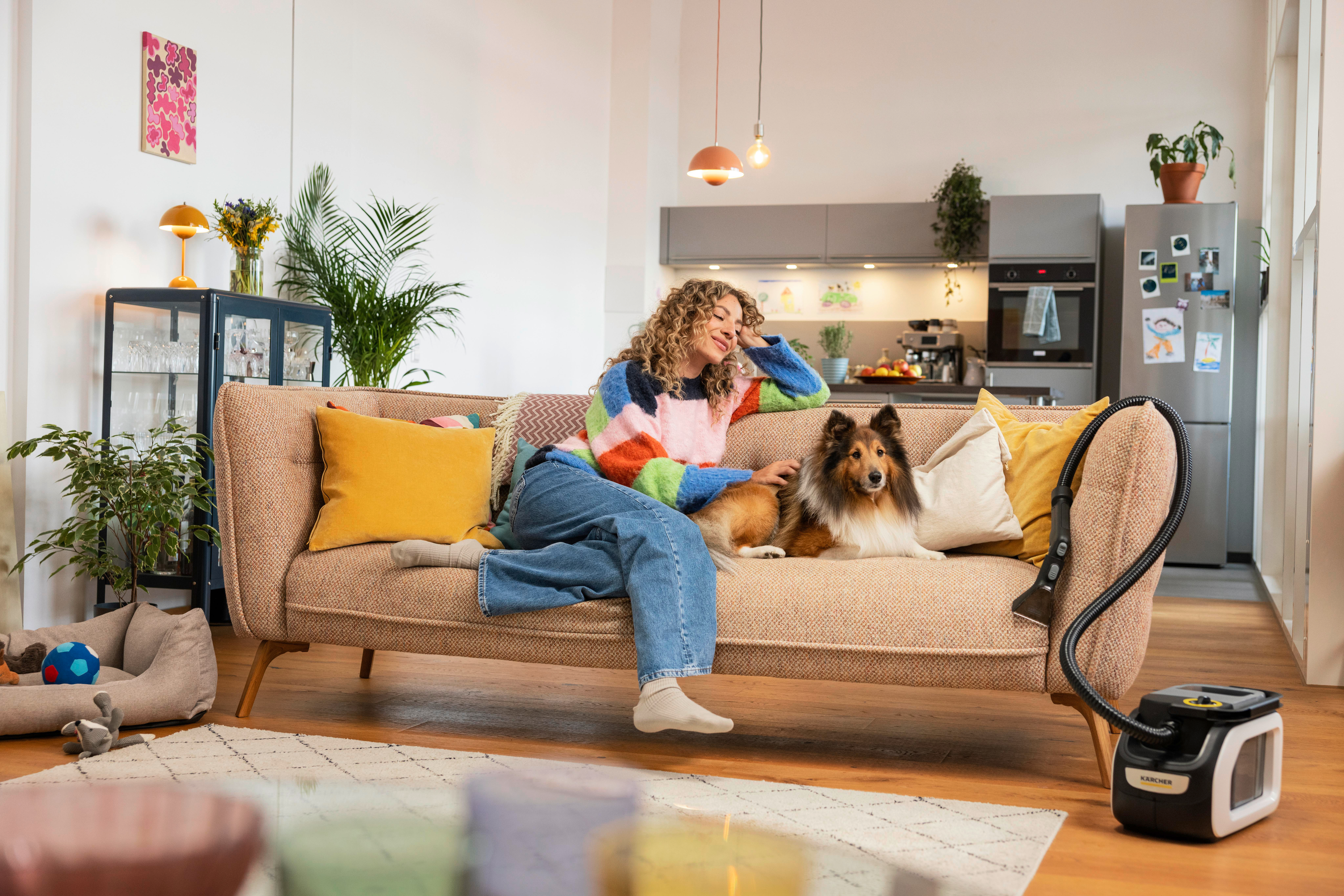 Frau und Hund auf einem Sofa im Wohnzimmer. Staubsauger im Vordergrund. Bunte Kissen und Wandkunst.