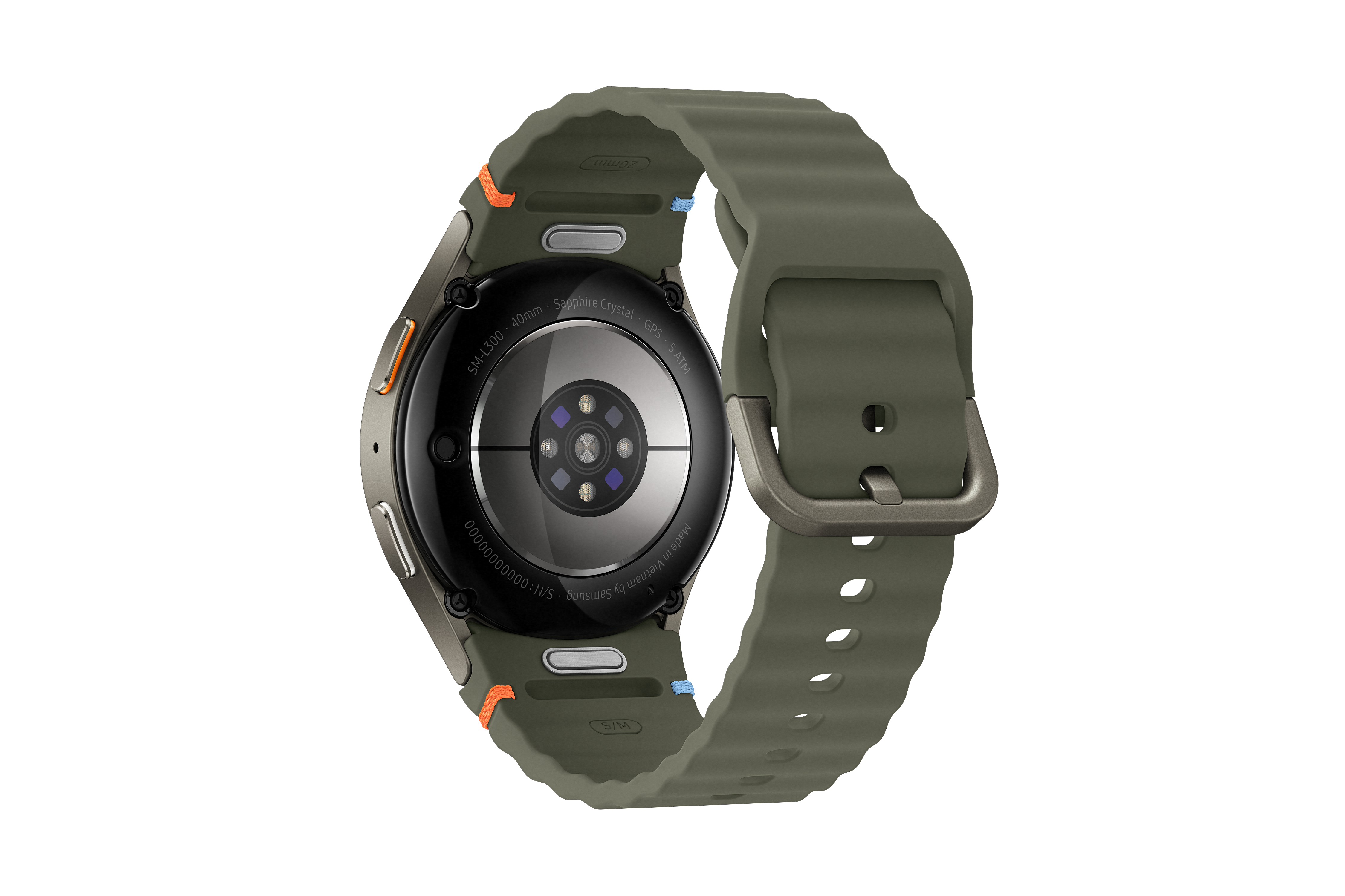 Smartwatch mit grünem Armband, Rückseite mit Sensoren.