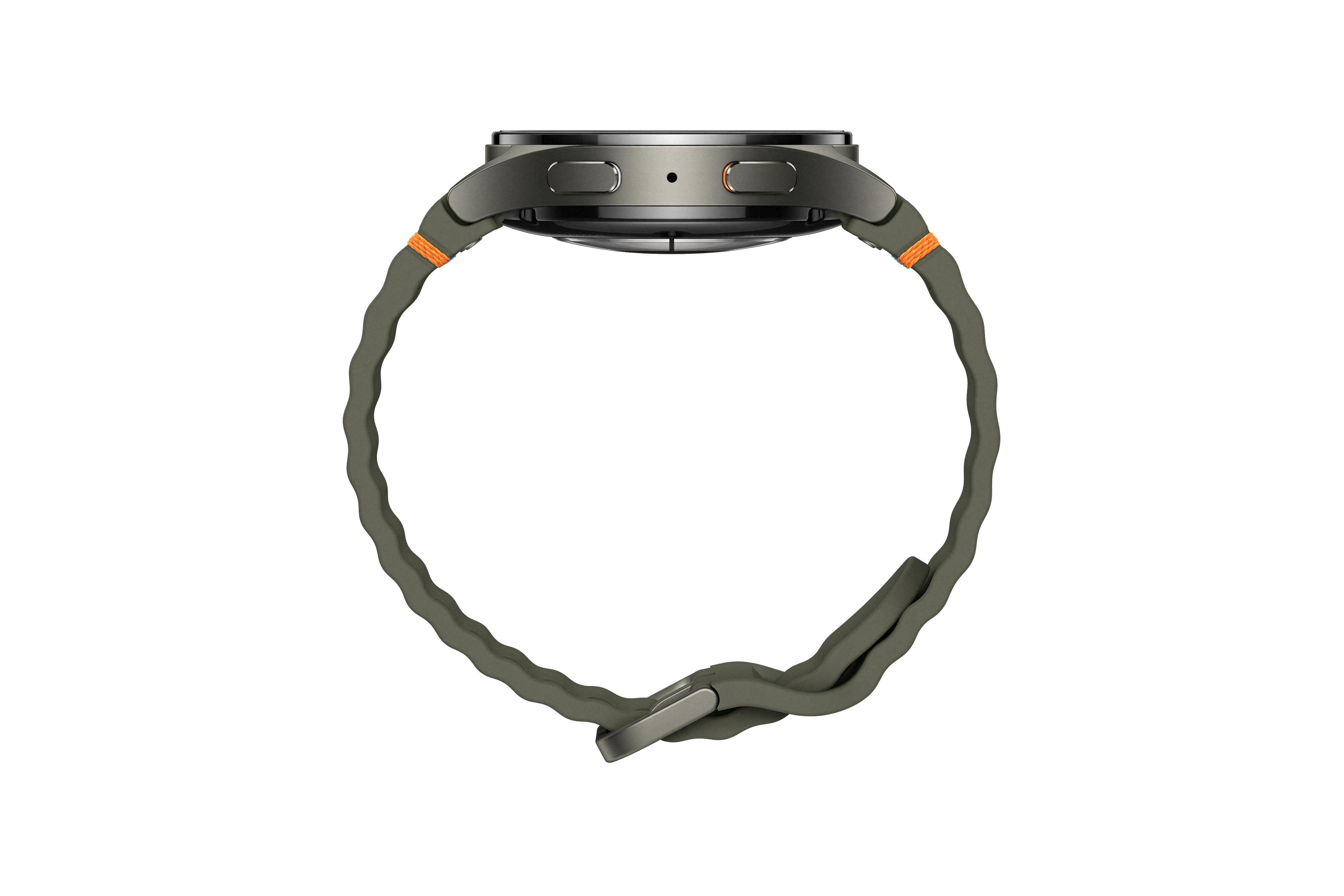 Seitenansicht einer Smartwatch mit olivgrünem Armband und orangefarbenen Akzenten.