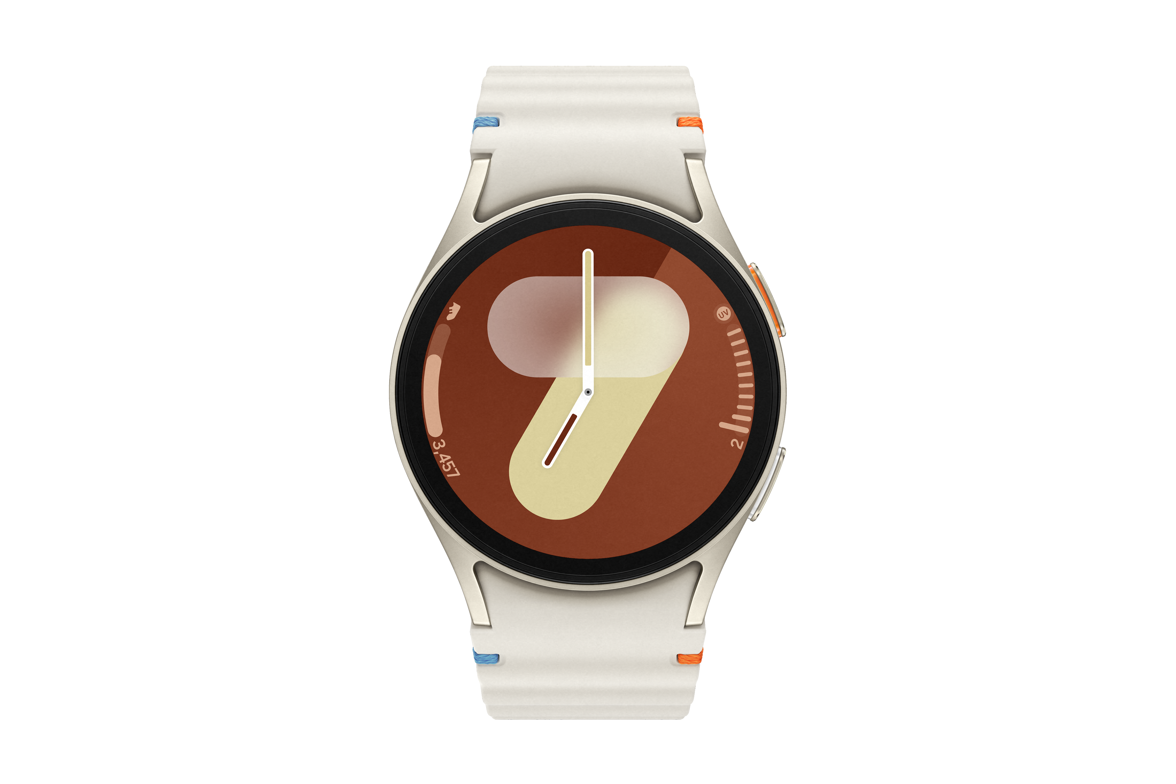 Eine weiße Samsung Galaxy Watch 5 Pro mit braunem und beigem Zifferblatt.