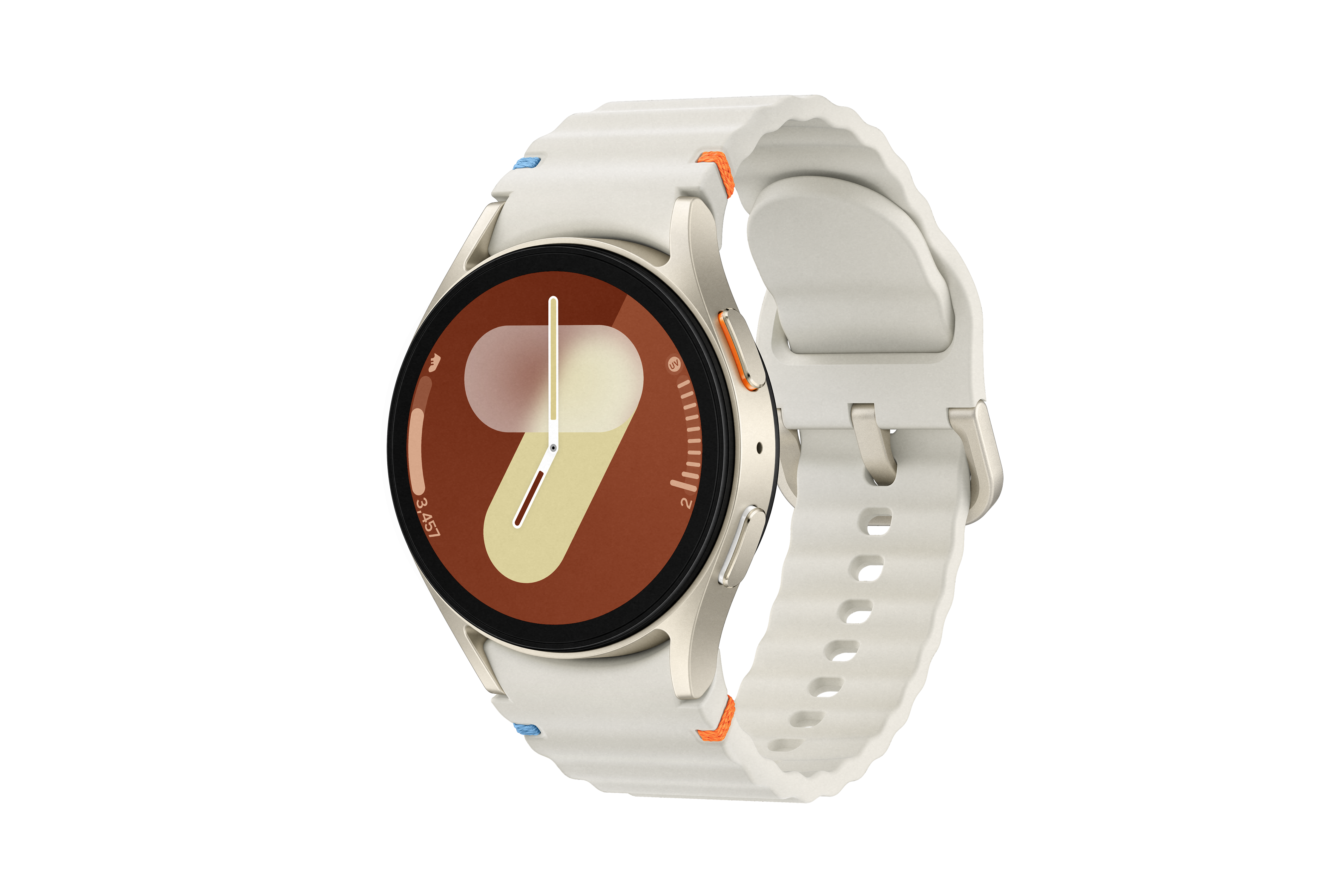 Weiße Smartwatch mit rundem Display. Merkmale sind ein weißes Armband und orange Akzente.