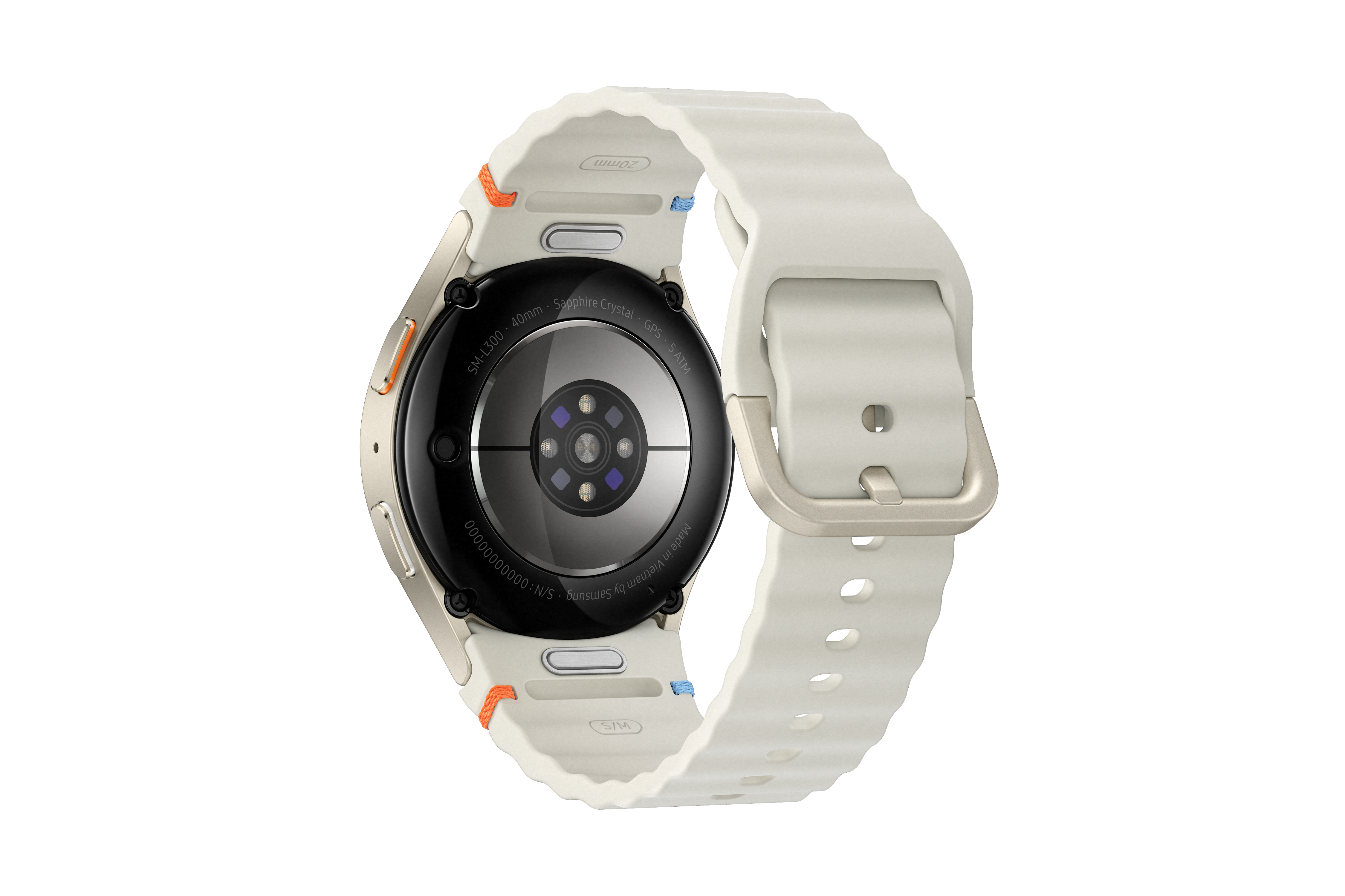 Nahaufnahme der Rückseite einer Smartwatch mit Sensoren und weißem Band.