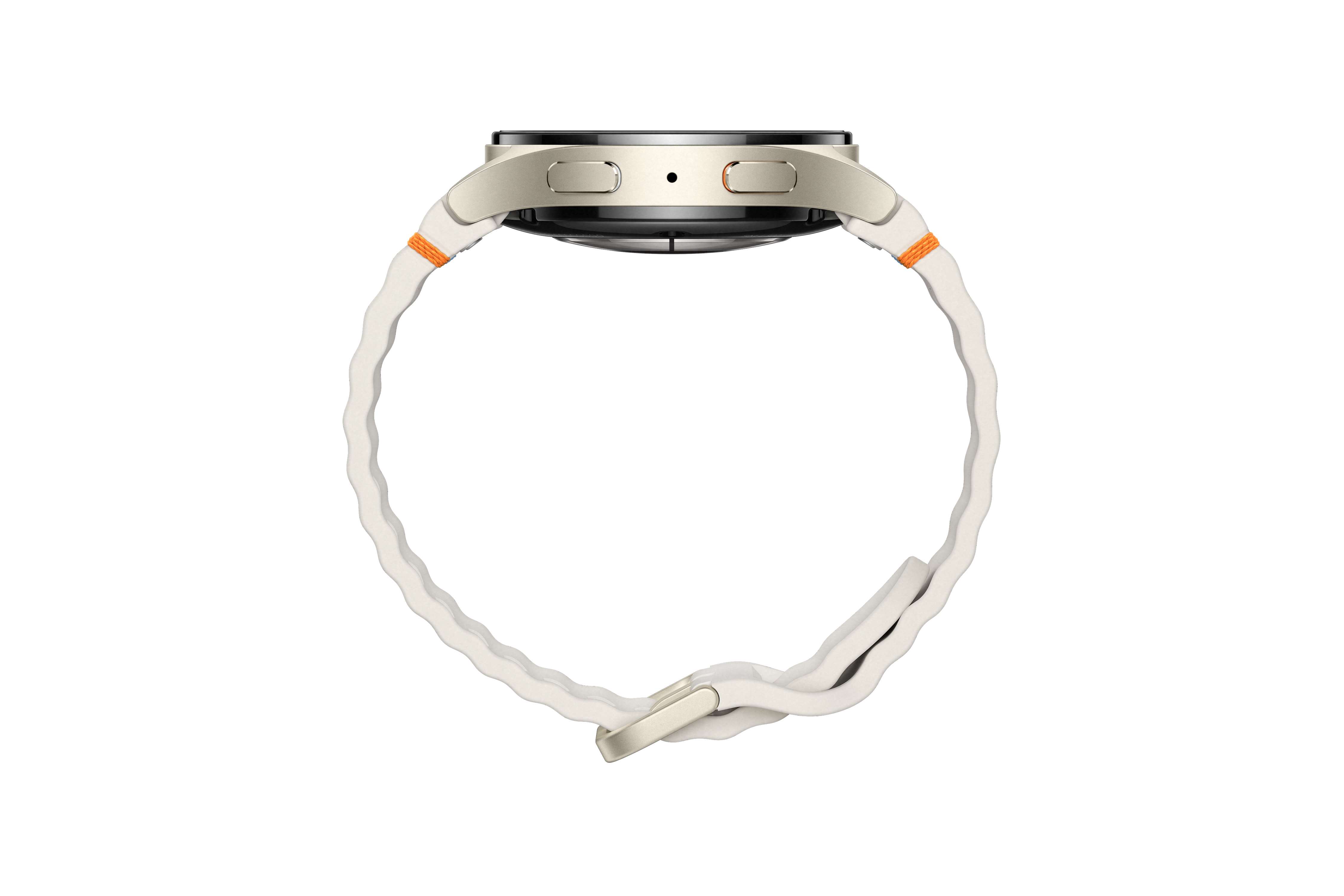 Cremefarbene Smartwatch mit weißem Band, orangefarbenen Akzenten, auf schwarzem Hintergrund. Seitenansicht.
