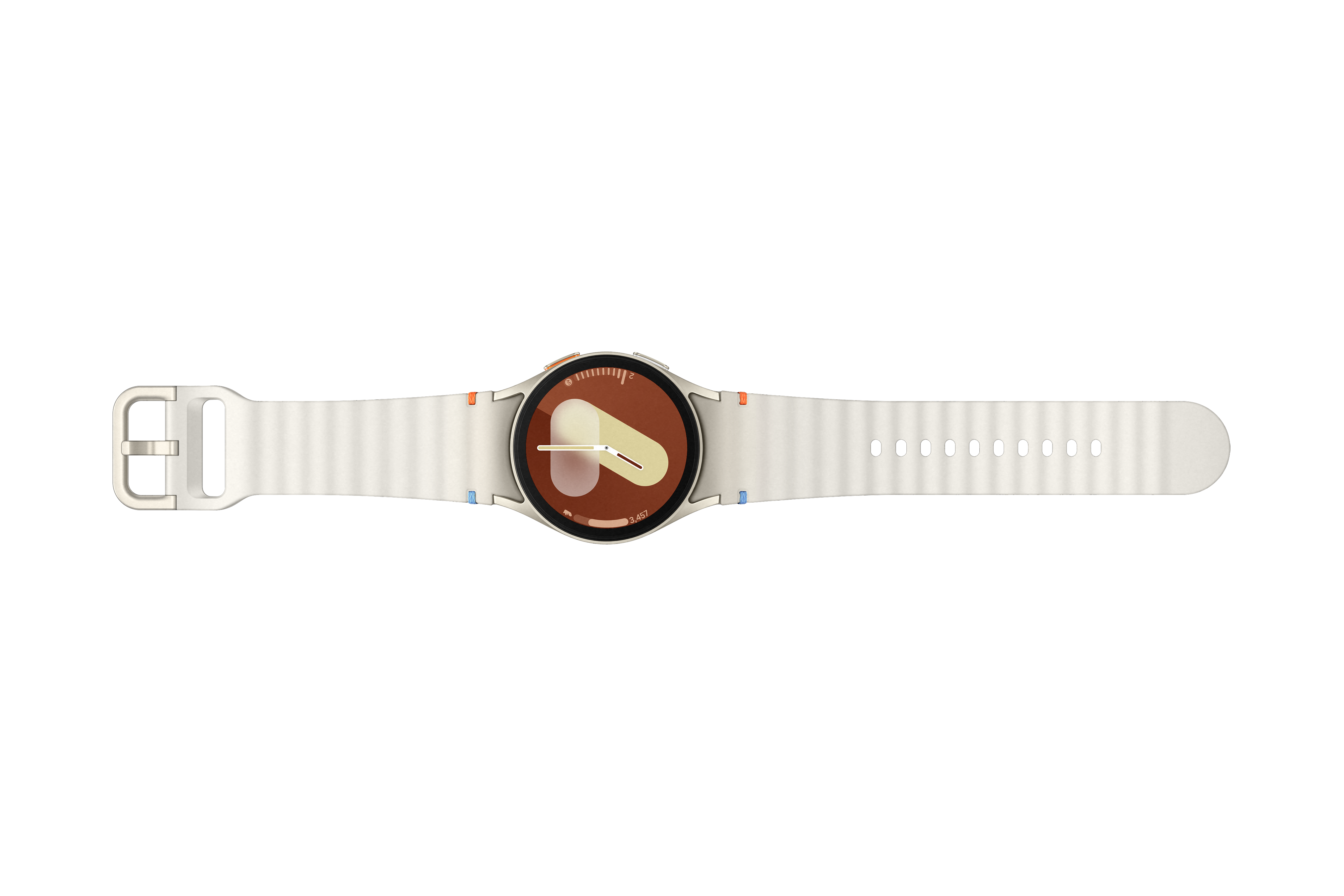 Weiße Smartwatch mit weißem Armband auf schwarzem Hintergrund.