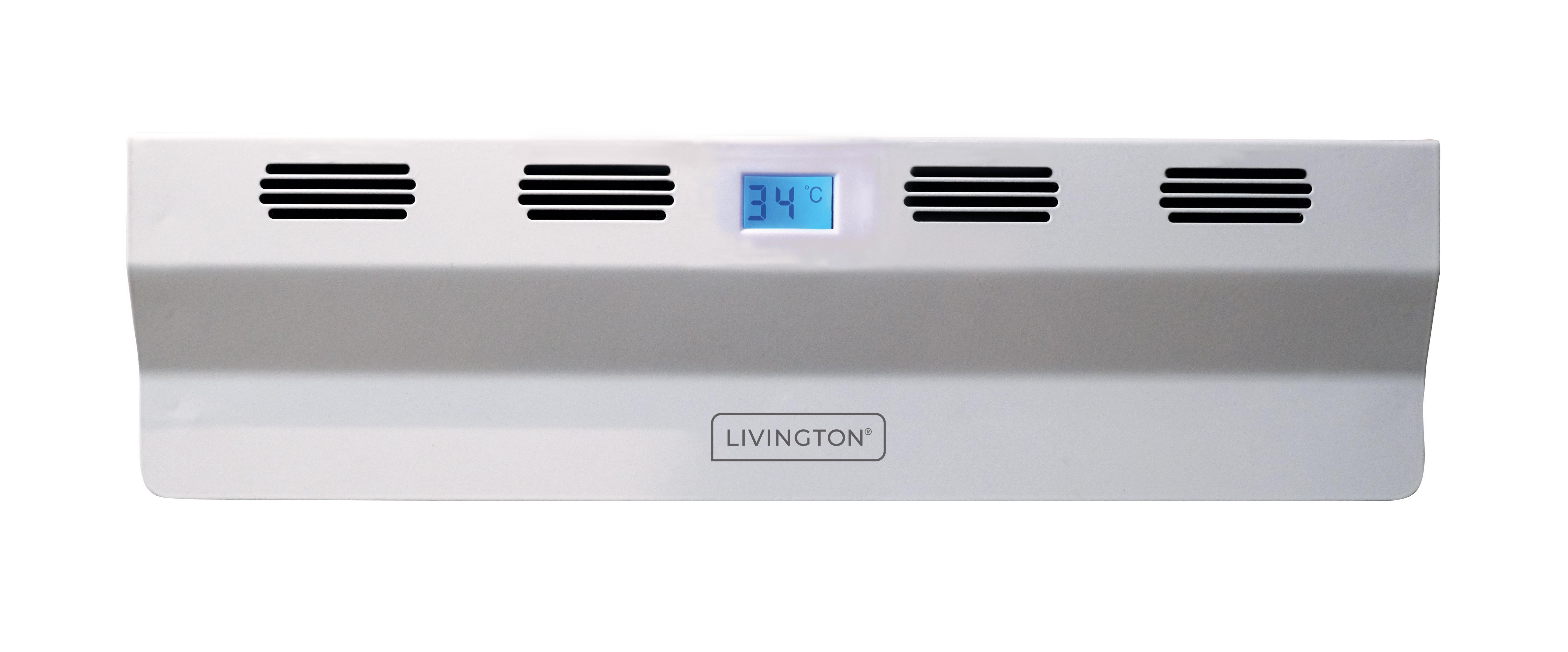 Ein weißes, rechteckiges Gerät mit Luftschlitzen und digitaler Anzeige mit 34°C.