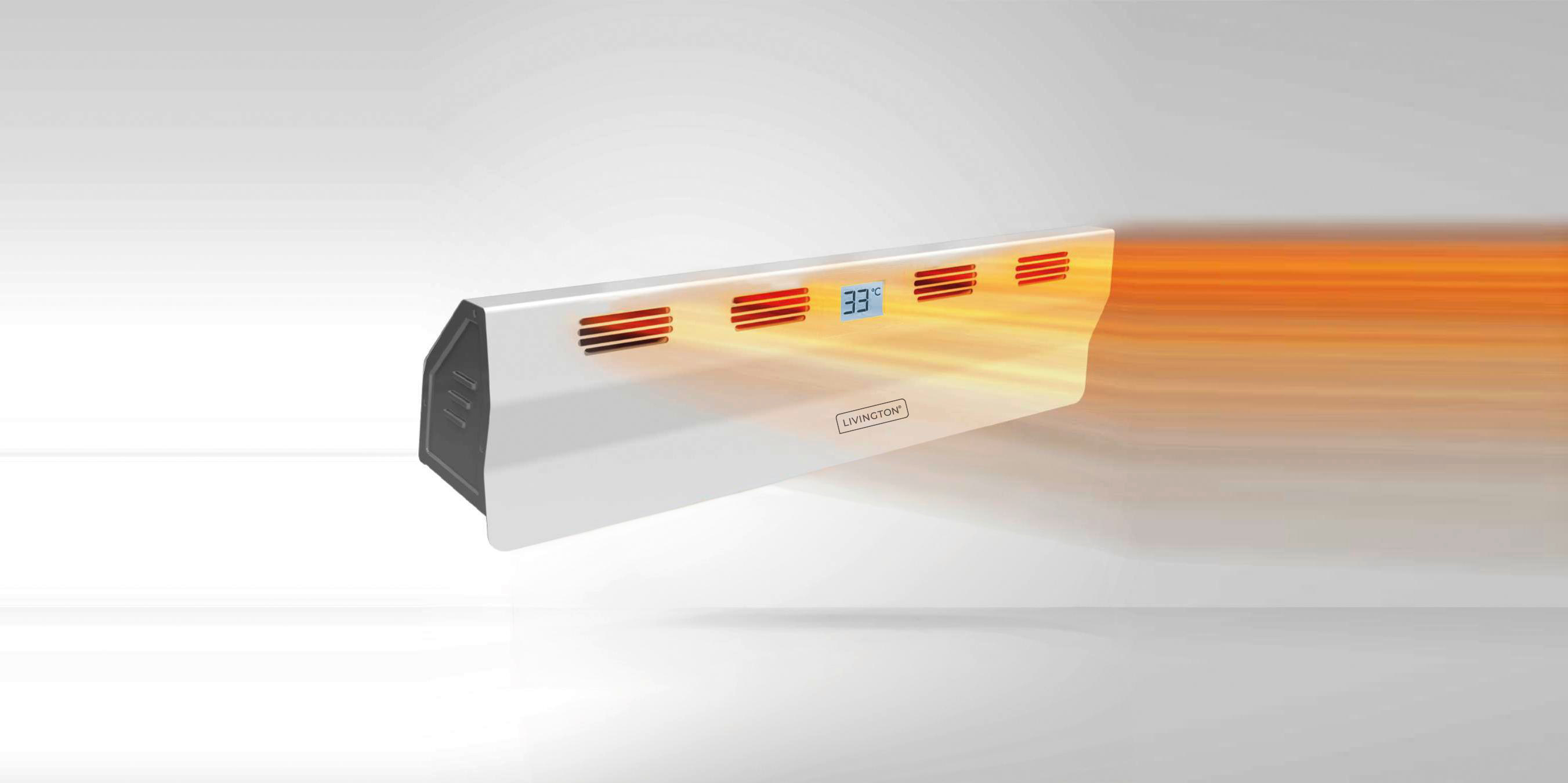 Weißer Elektroheizer. Er zeigt 33 Grad an. Orangefarbenes Leuchten geht von dem Heizelement aus.