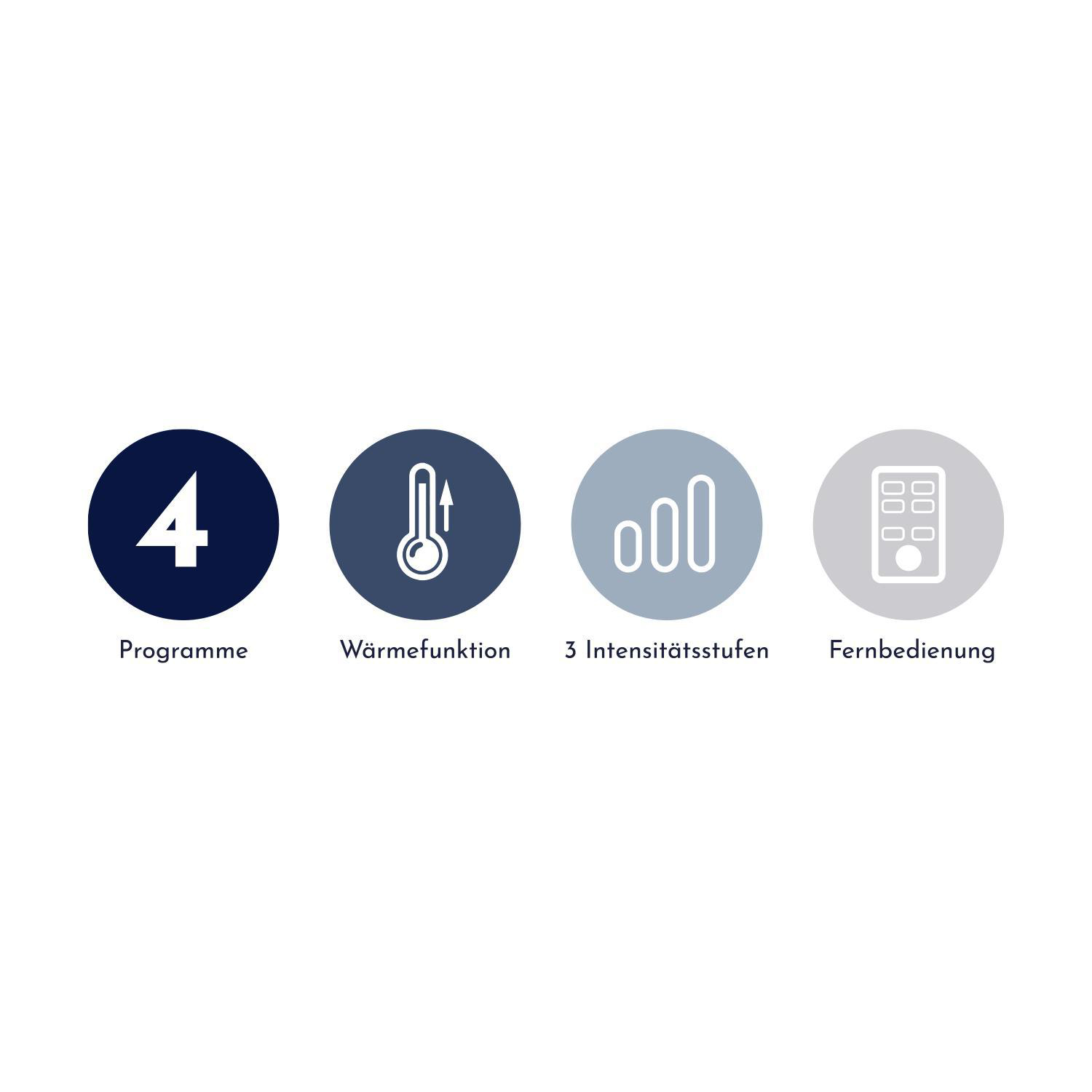 Vier Kreissymbole mit Text darunter. Programme, Wärme, Lautstärke, Fernbedienung.