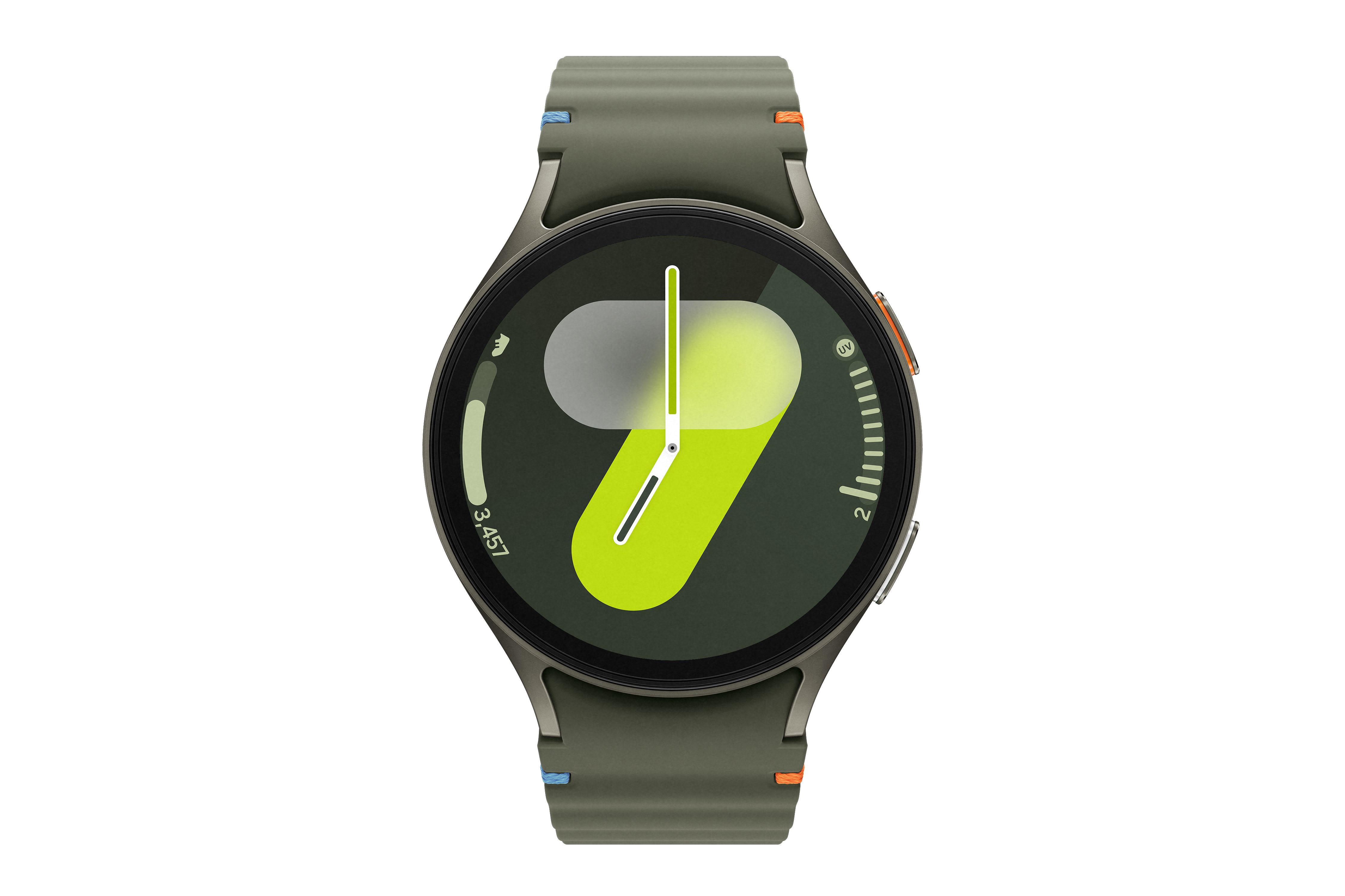 Eine Smartwatch auf schwarzem Hintergrund mit grünem und gelbem Display.