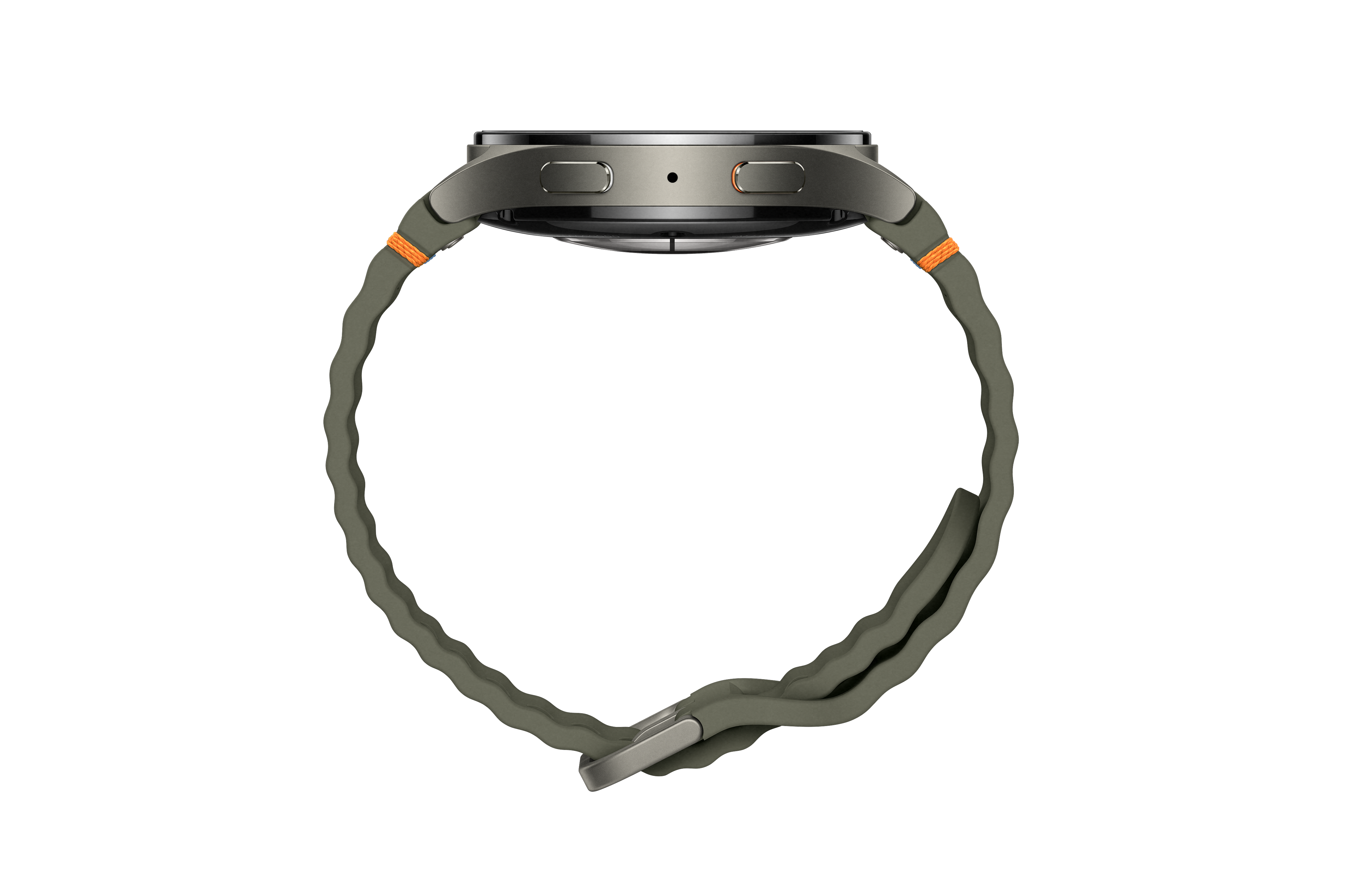 Seitenansicht einer grauen Smartwatch mit orangefarbenen Akzenten, auf schwarzem Hintergrund. Graues Armband.