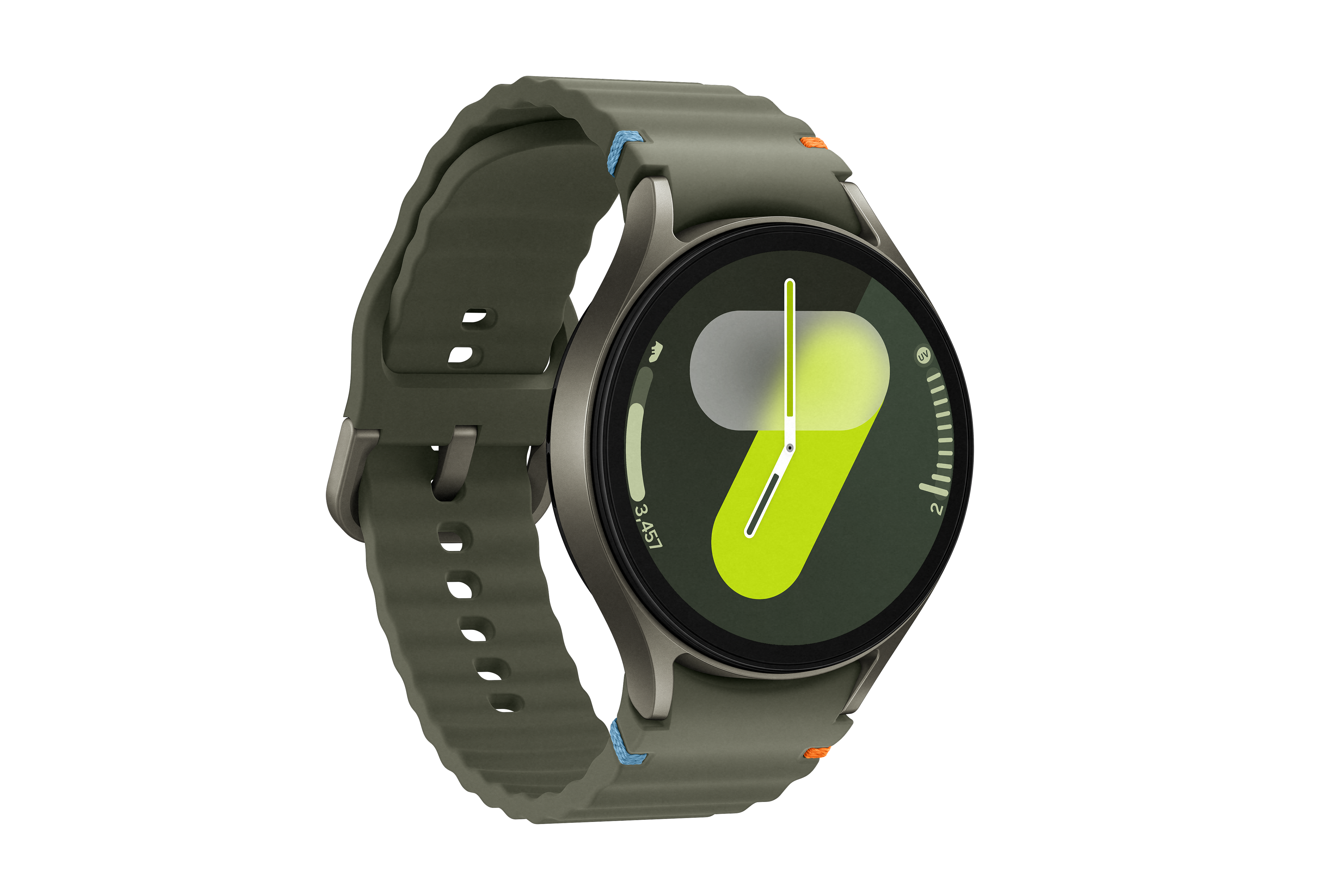 Grüne Smartwatch mit rundem Zifferblatt, das Zeit und Gesundheitsdaten anzeigt. Olivgrünes Armband, schwarzer Hintergrund.