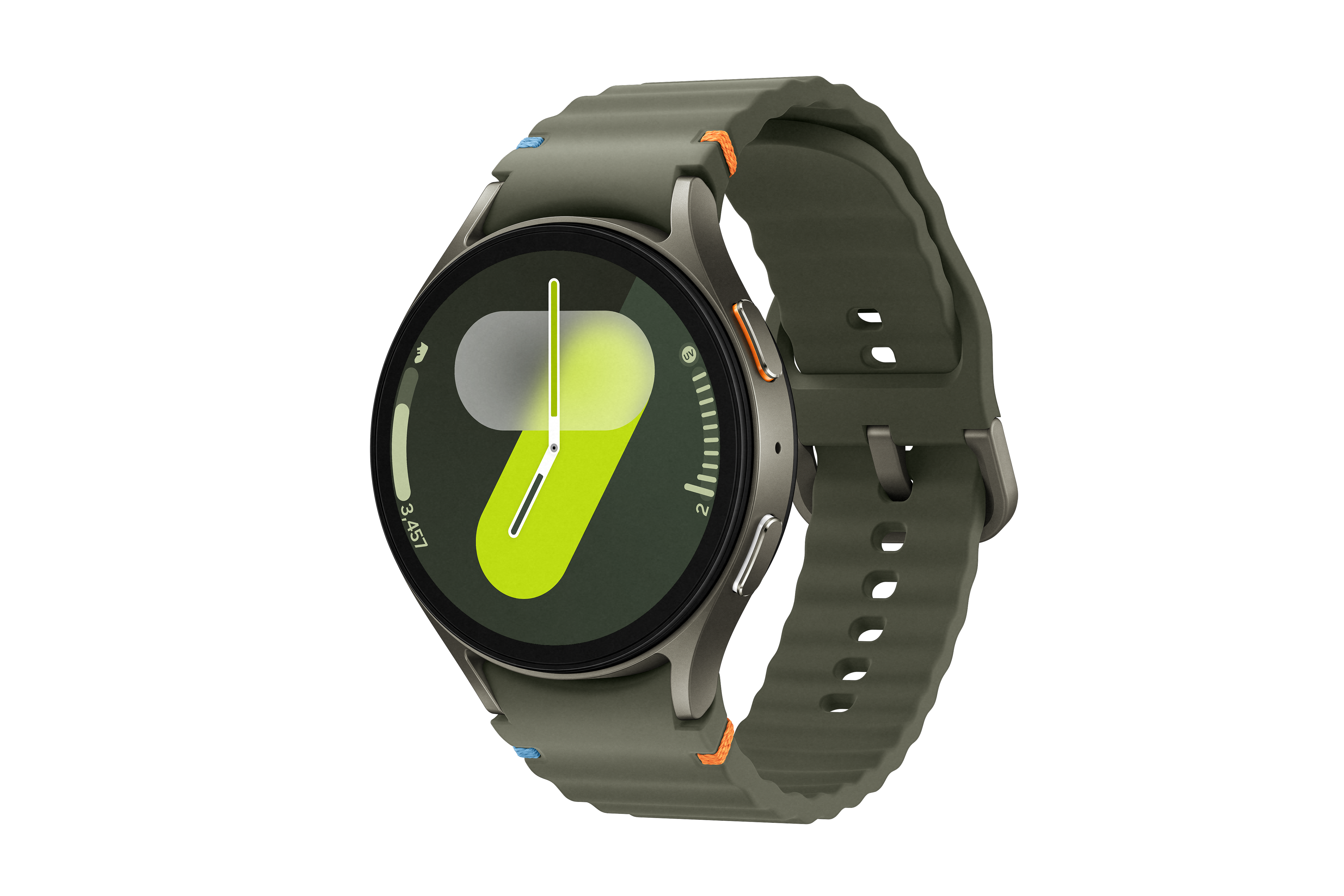 Olivgrüne Smartwatch mit digitaler Anzeige, die einen gelben Pfeil zeigt, vor schwarzem Hintergrund.