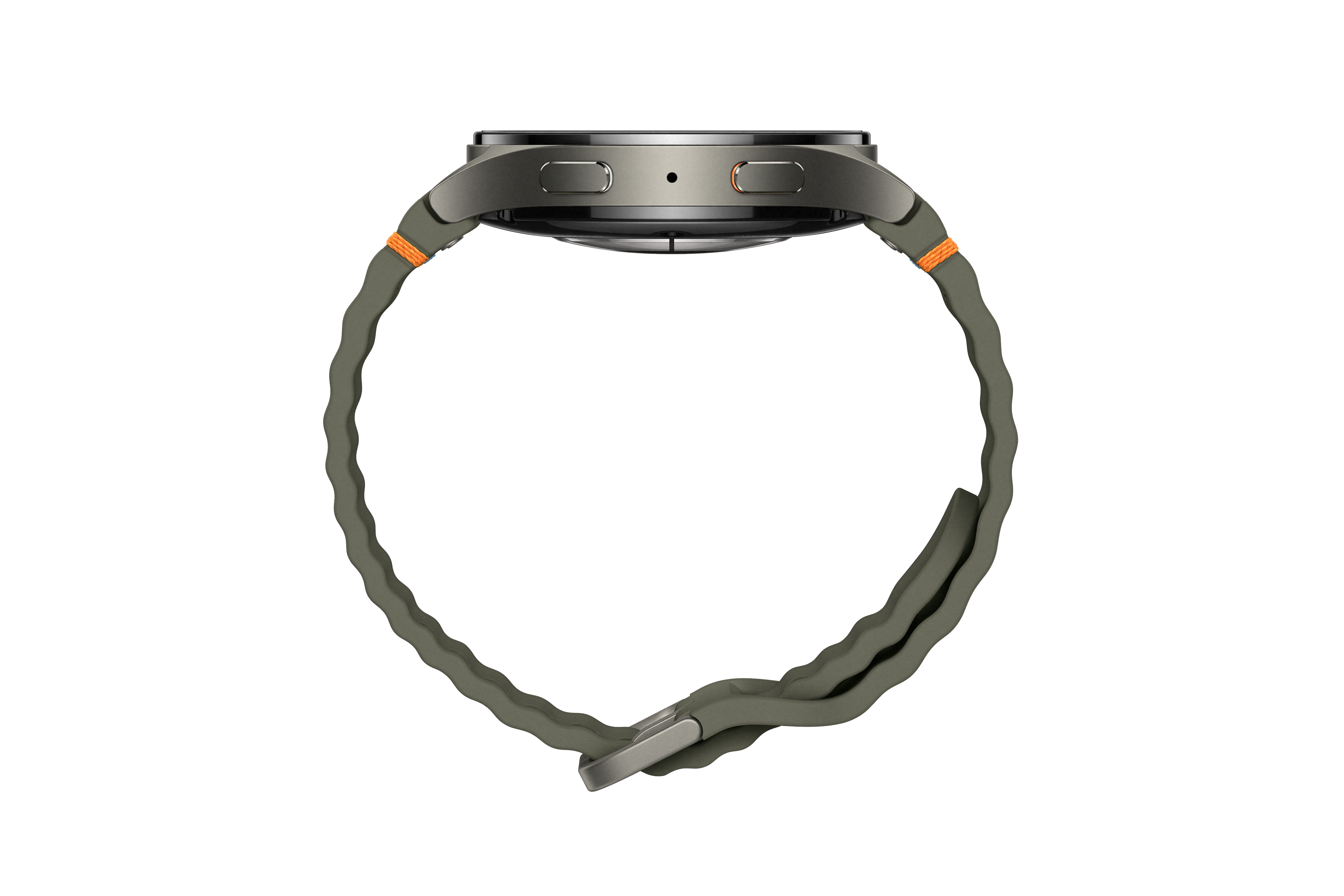 Seitenansicht einer grauen Smartwatch mit grünem Armband und orangefarbenen Akzenten.