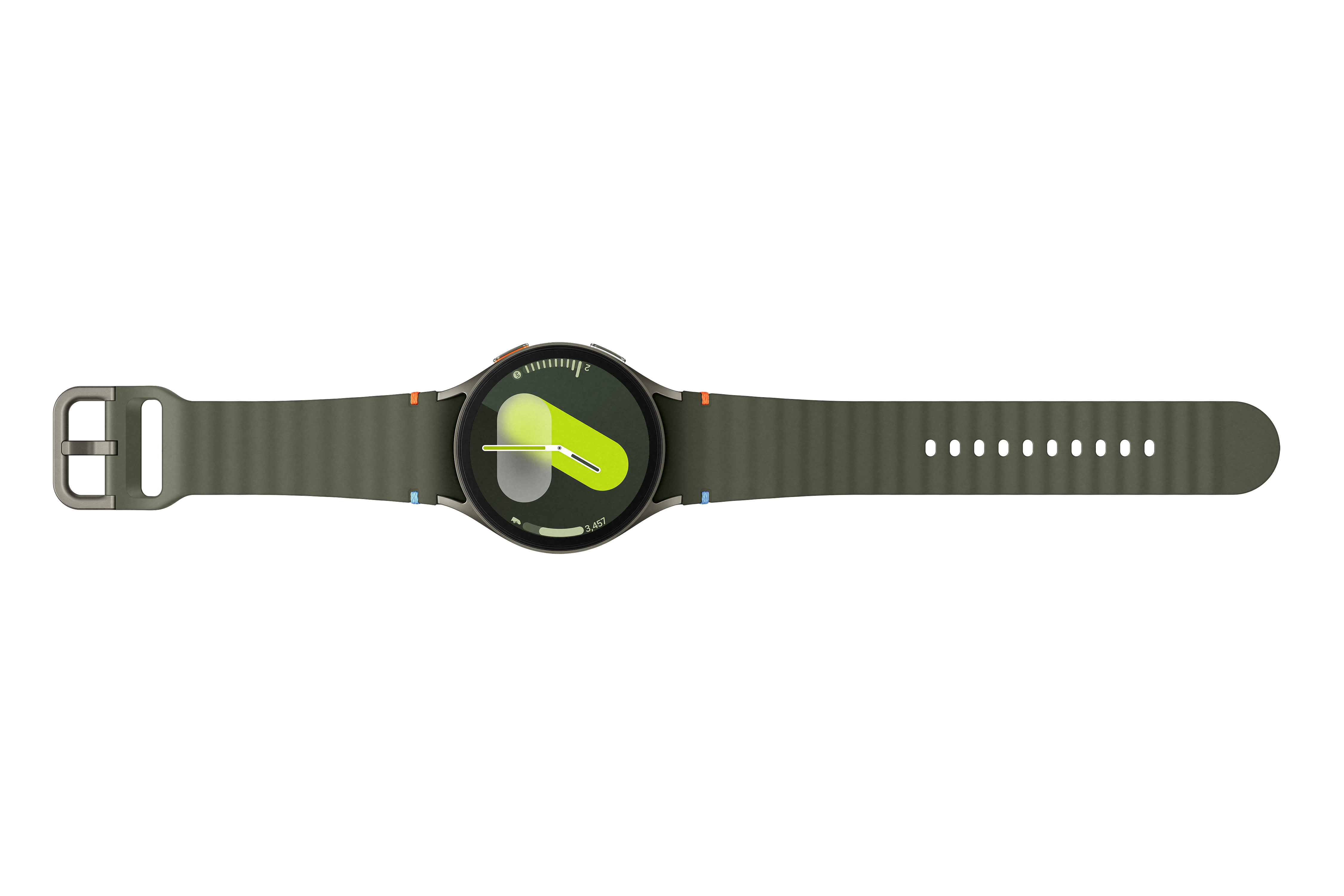 Grüne Smartwatch mit grünem Armband auf schwarzem Hintergrund.