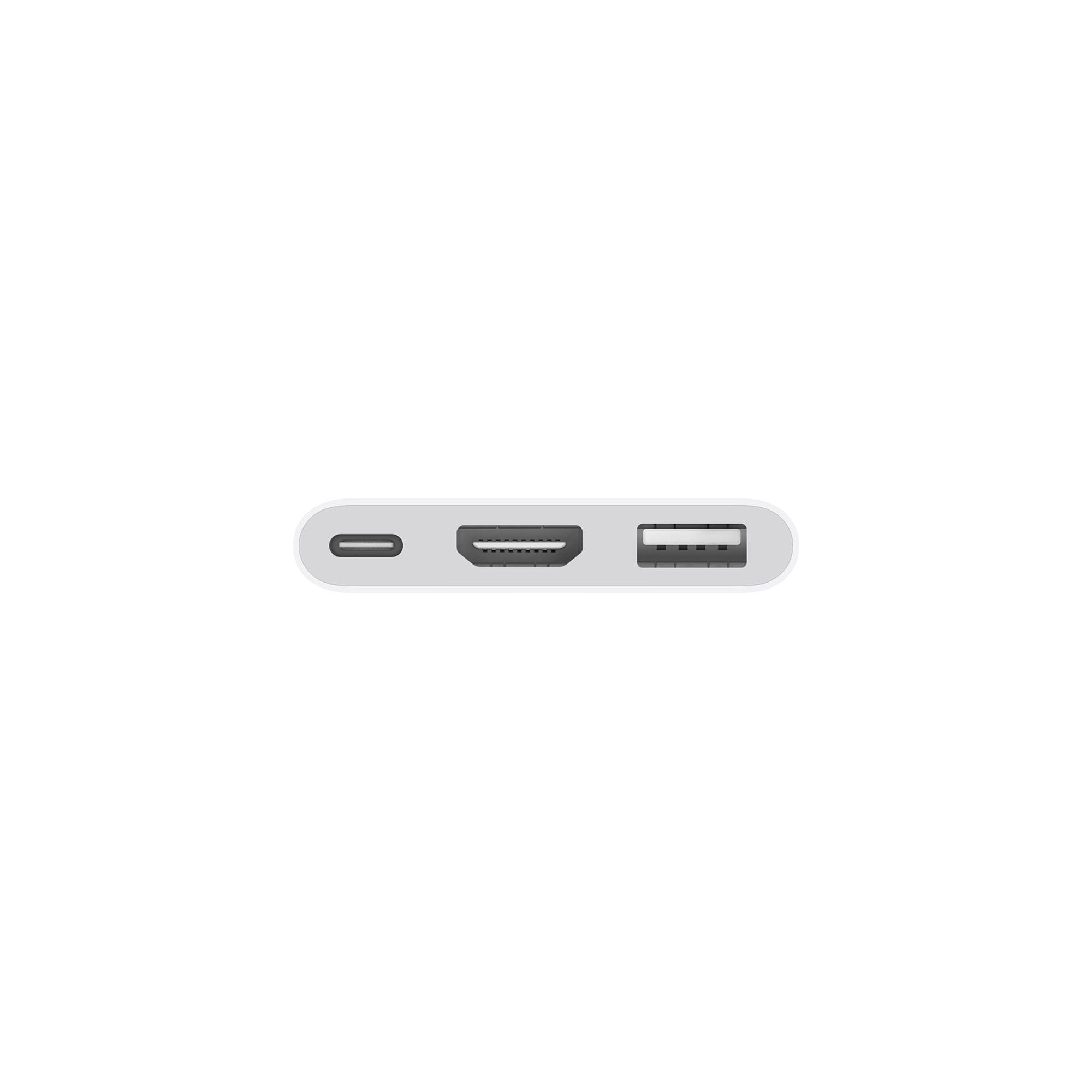 Ein weißer Stecker mit USB-C-, HDMI- und USB-Anschlüssen.