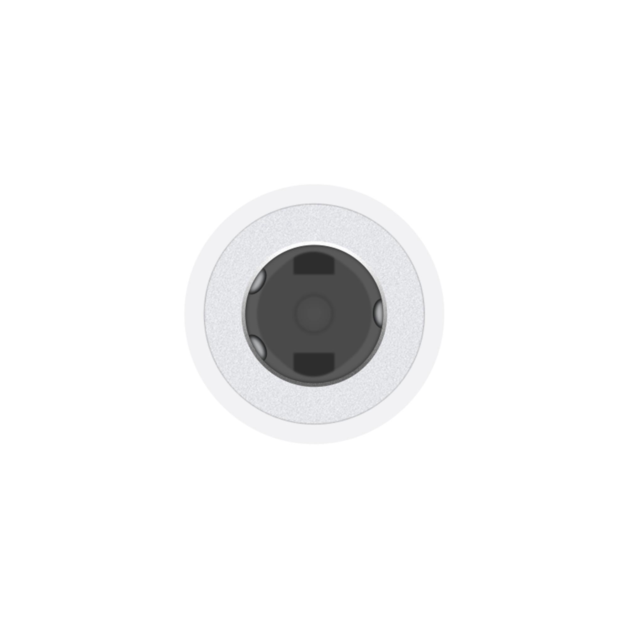Weißer Audio-Klinkenadapter. Kreisförmige Form, ein paar schwarze Punkte, auf weißem Hintergrund.