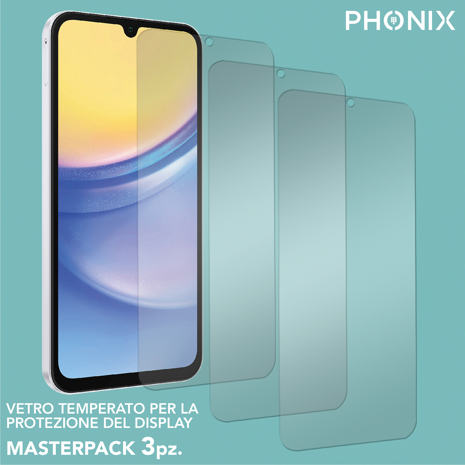 Telefono e tre protezioni schermo. Testo: Vetro temperato per la protezione del display. Masterpack 3 pezzi.