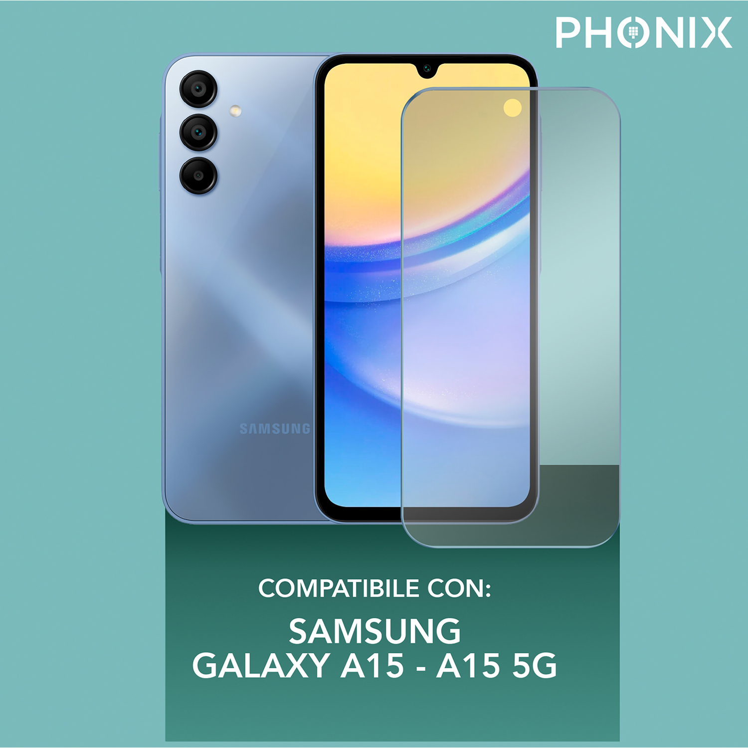 Un telefono blu con protezione schermo e retro, con il logo Samsung.
