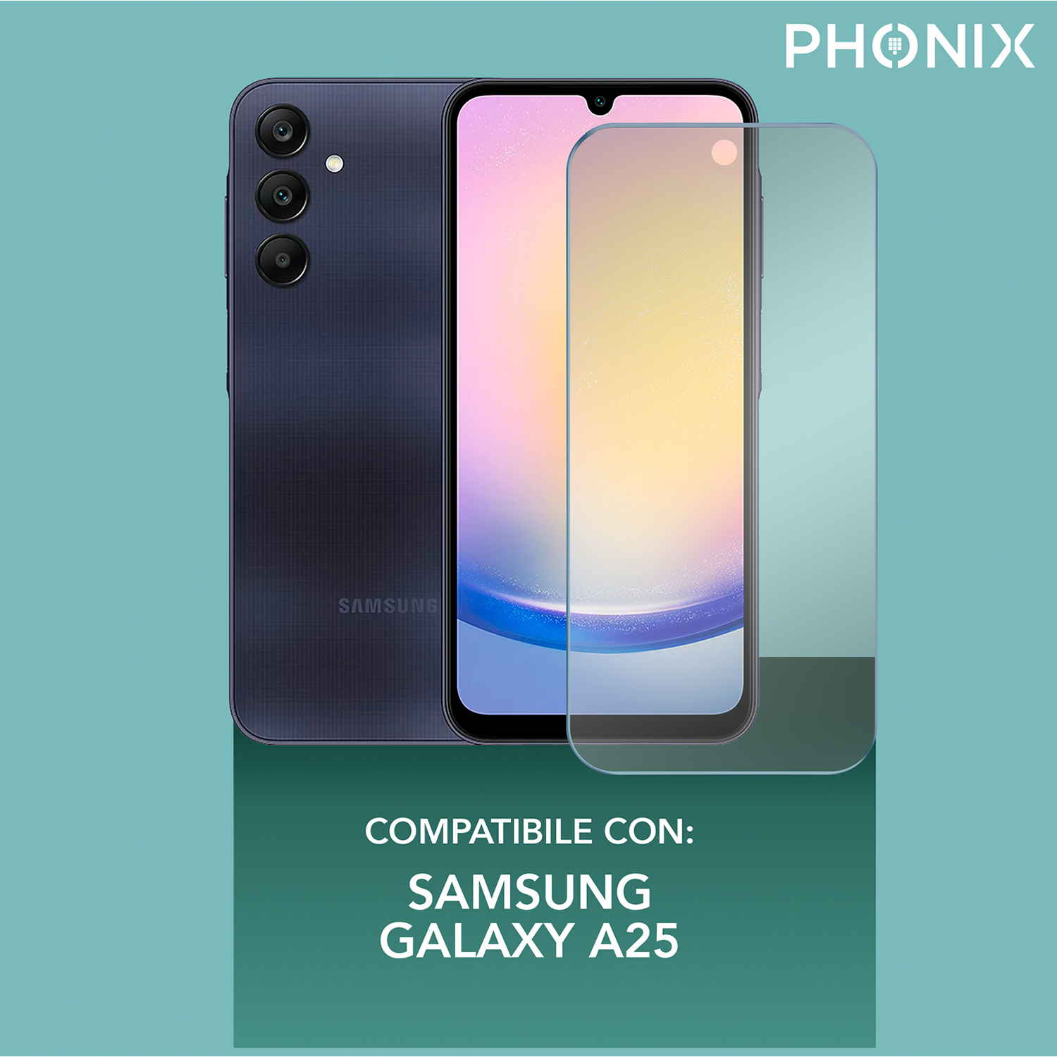 Telefono blu con protezione schermo e custodia con il marchio 'PHONIX'.