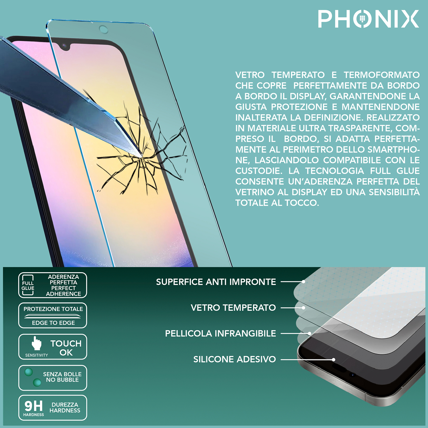 Proteggi schermo per smartphone, incrinato. Testo che descrive le funzionalità. Sfondo bianco con strati.