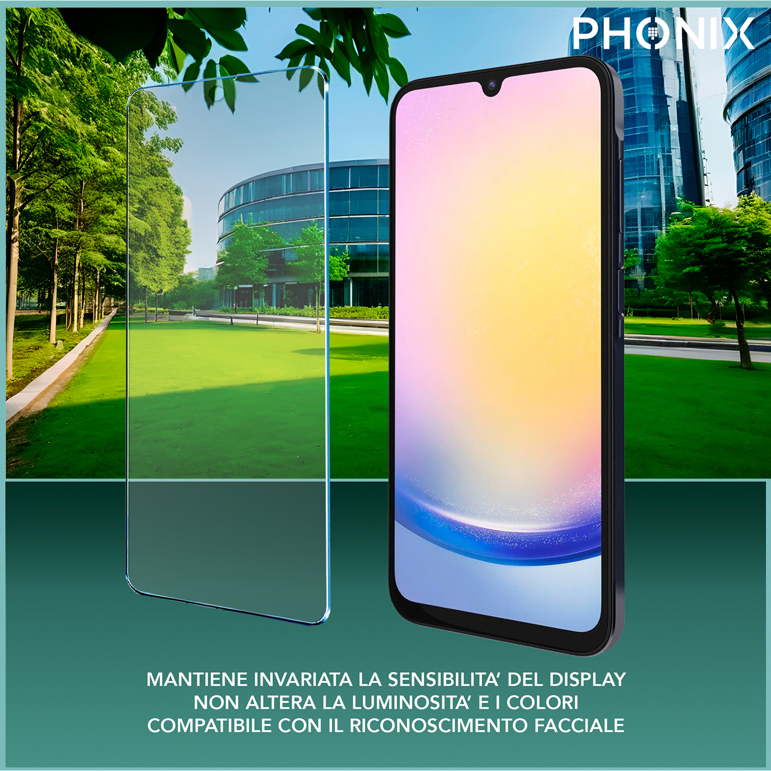 Telefono con protezione schermo, di fronte a parco ed edifici.