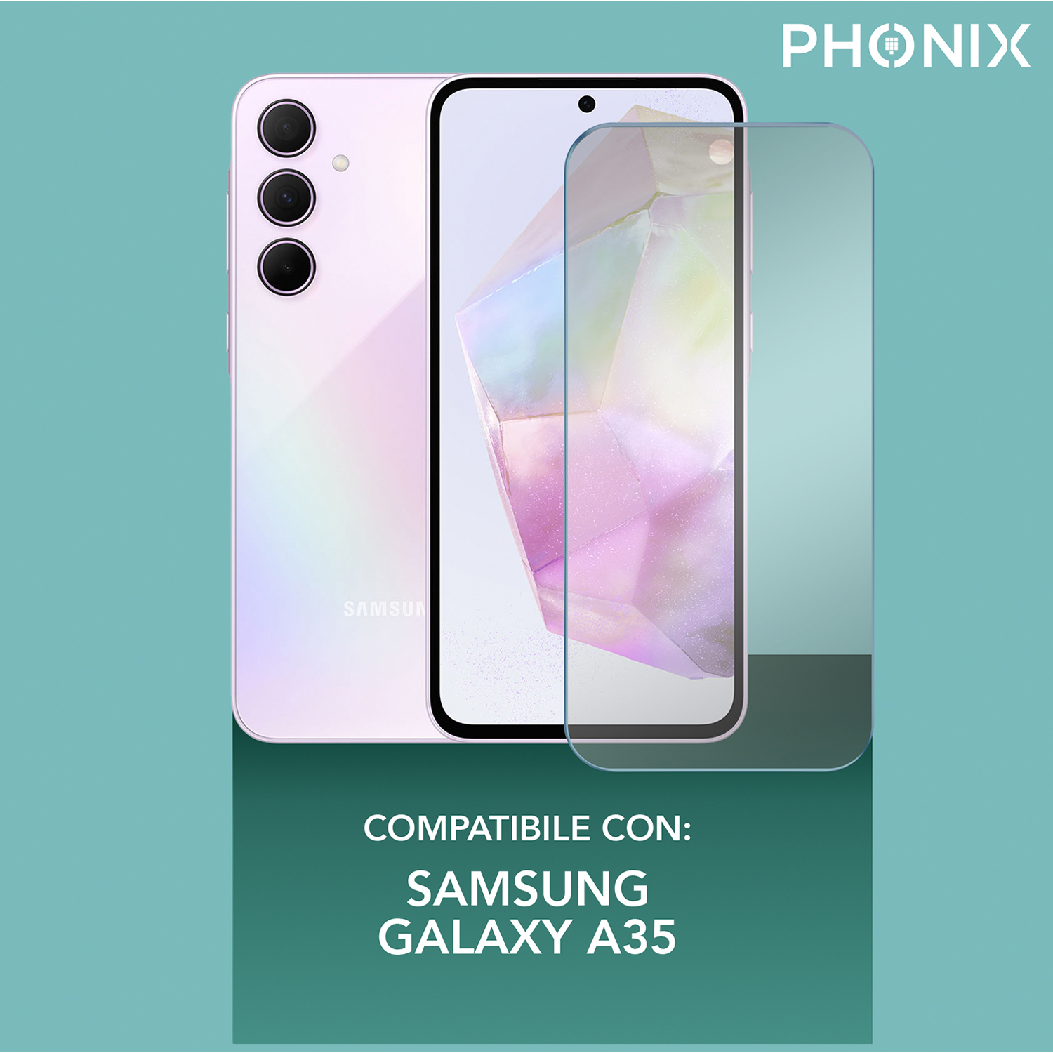 Uno smartphone Samsung Galaxy A35 rosa con protezione schermo, su sfondo turchese.
