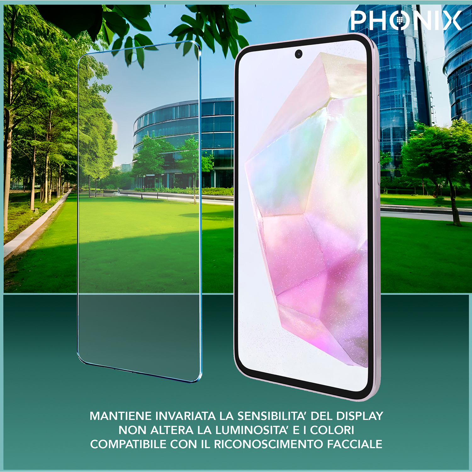 Smartphone con protezione schermo, con edifici sullo sfondo.