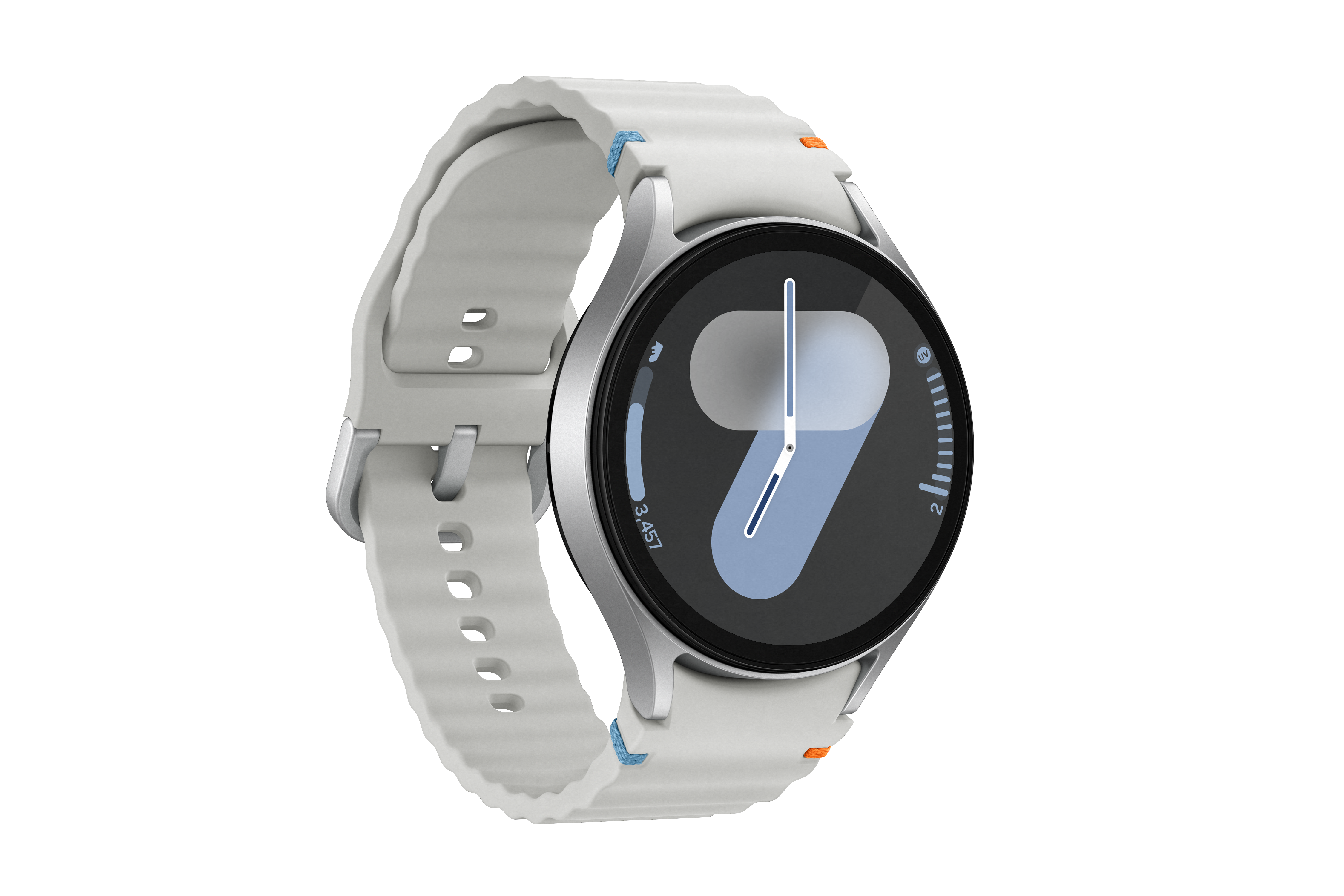 Eine silberne Smartwatch mit weißem Armband, die die Uhrzeit anzeigt. Schwarzer Hintergrund.