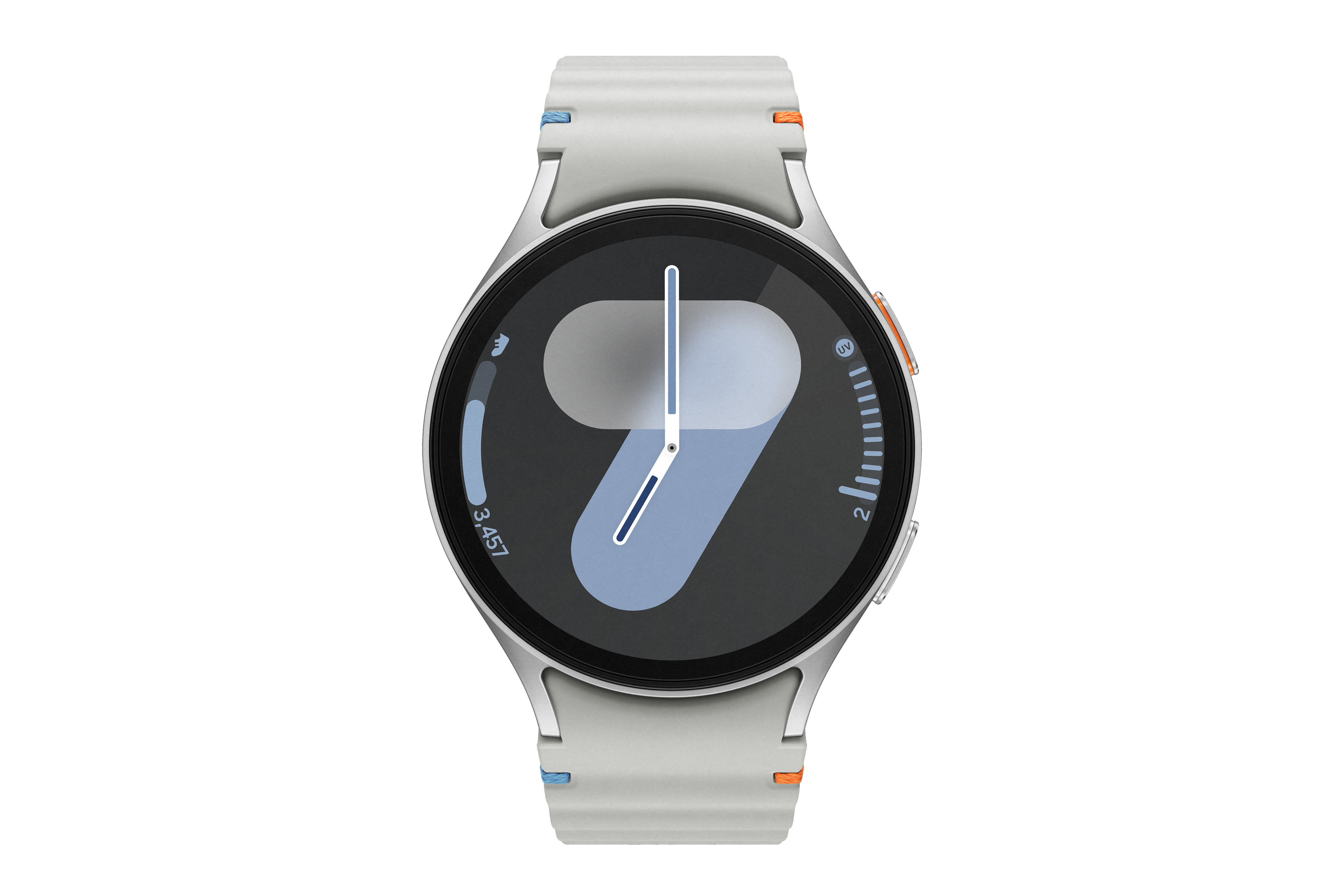 Silberne Smartwatch mit weißem Band, die die Uhrzeit anzeigt.