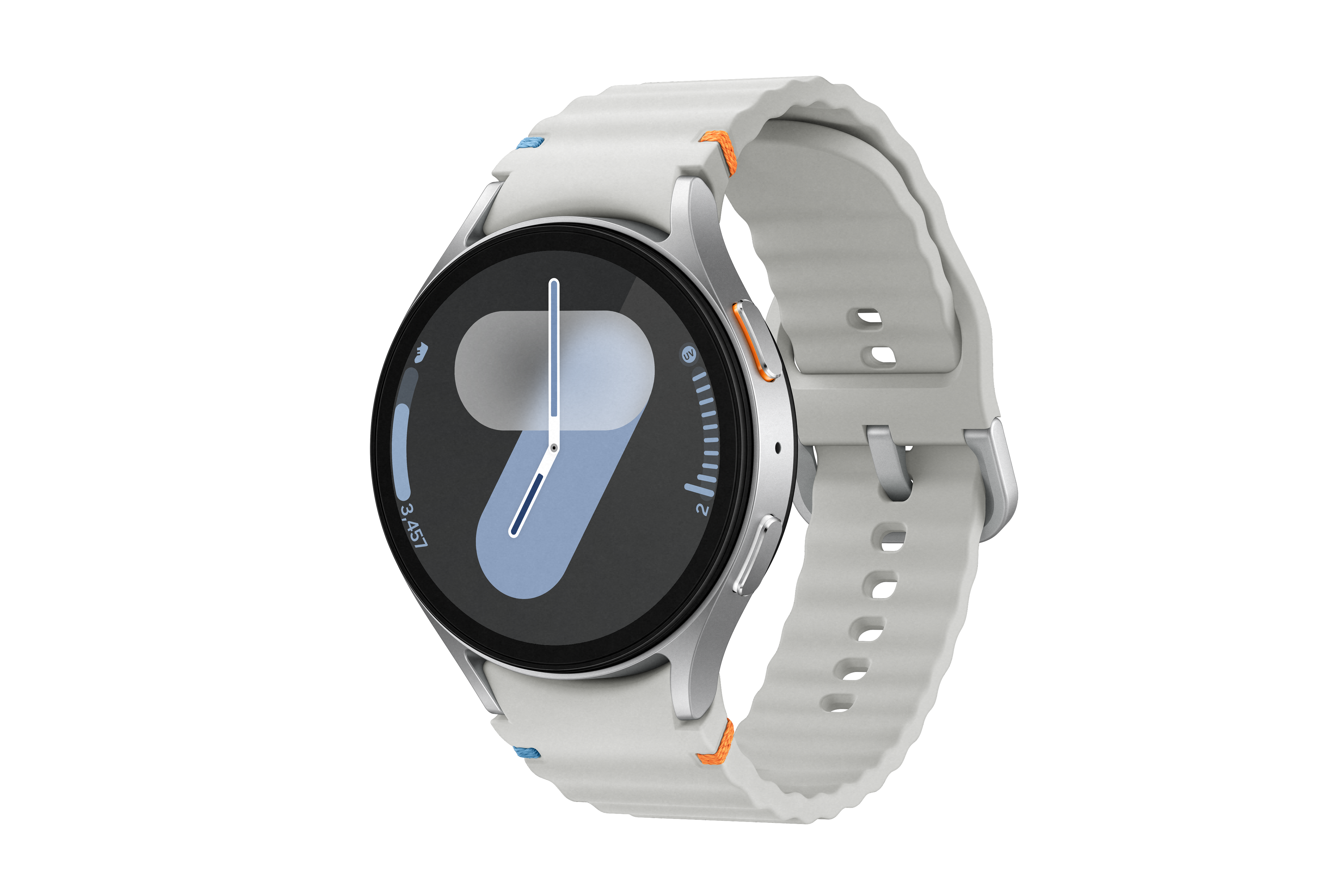 Eine weiße Smartwatch mit grauem Band, die die Uhrzeit auf ihrem schwarzen Bildschirm anzeigt.