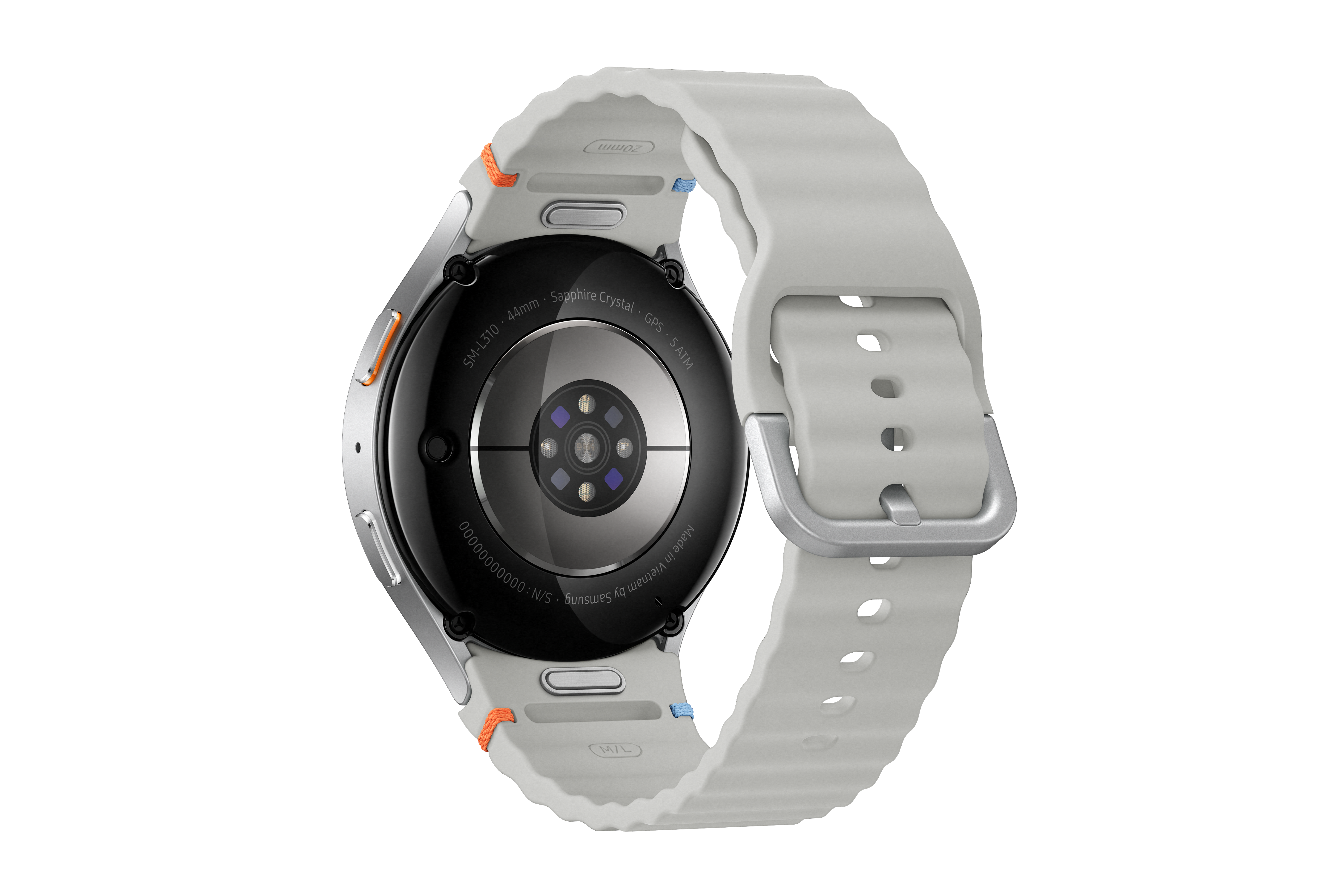 Rückseite einer weißen Smartwatch mit schwarzem Bildschirm und weißem Armband.