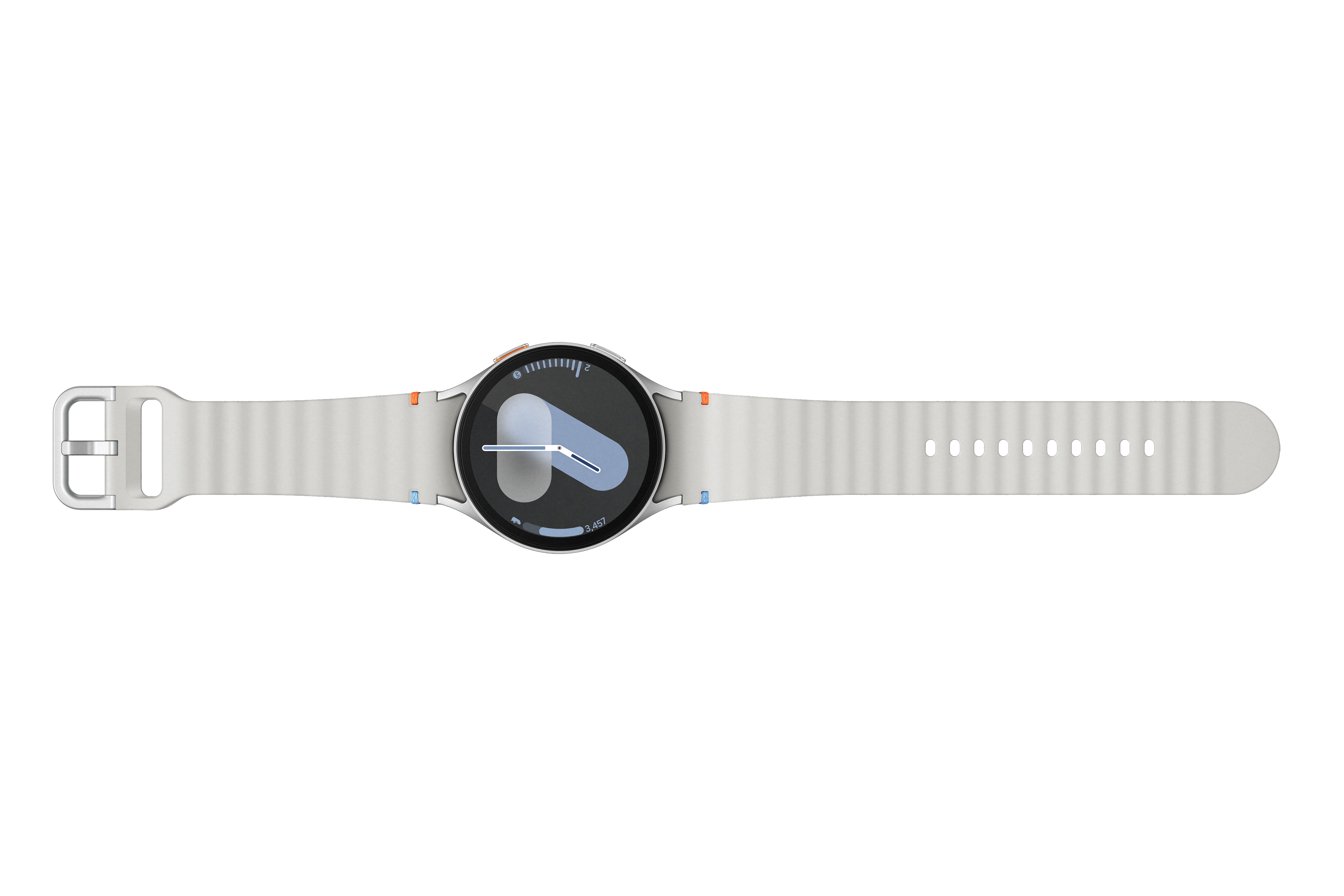 Weiße Smartwatch mit grauem Armband, von oben gesehen. Das Zifferblatt zeigt eine kreisförmige Oberfläche.