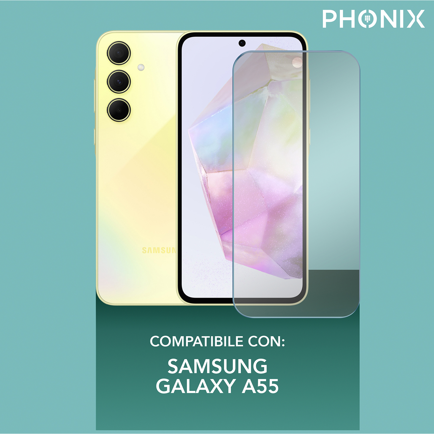 Un telefono giallo con tre fotocamere posteriori e una protezione per lo schermo. Testo: Compatibile con Samsung Galaxy A55.
