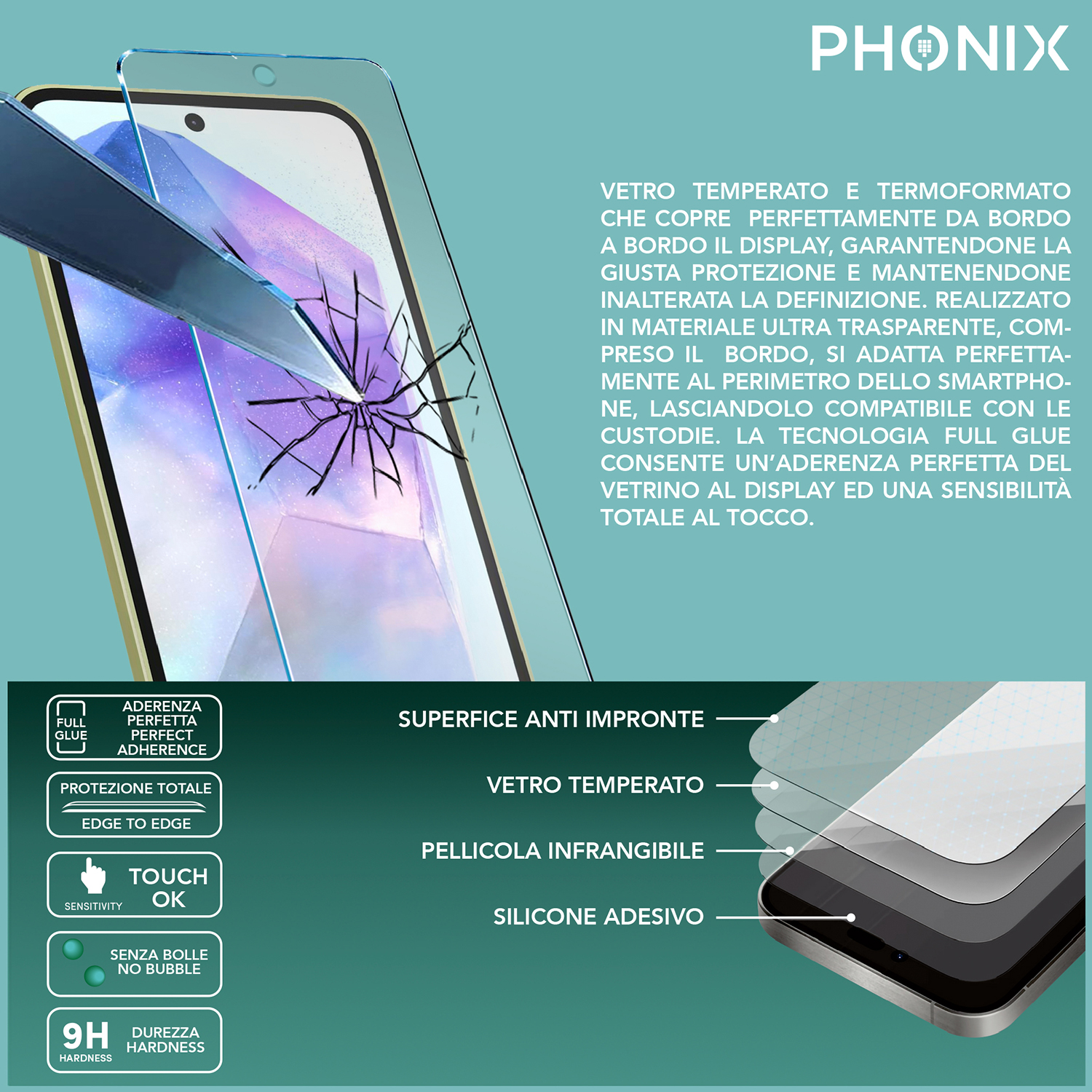 Schermo di smartphone con protezione schermo incrinata e diagramma degli strati protettivi.