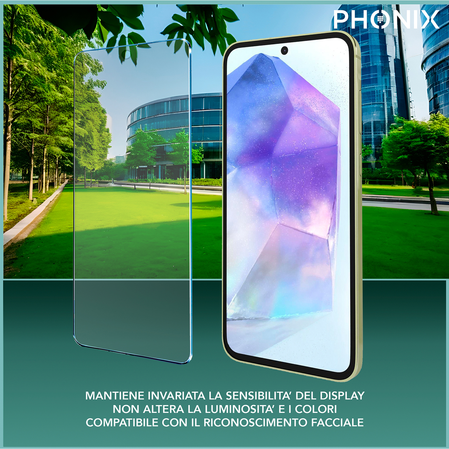 Un set di telefono e protezione schermo, con sfondo verde e blu e alberi sullo sfondo.
