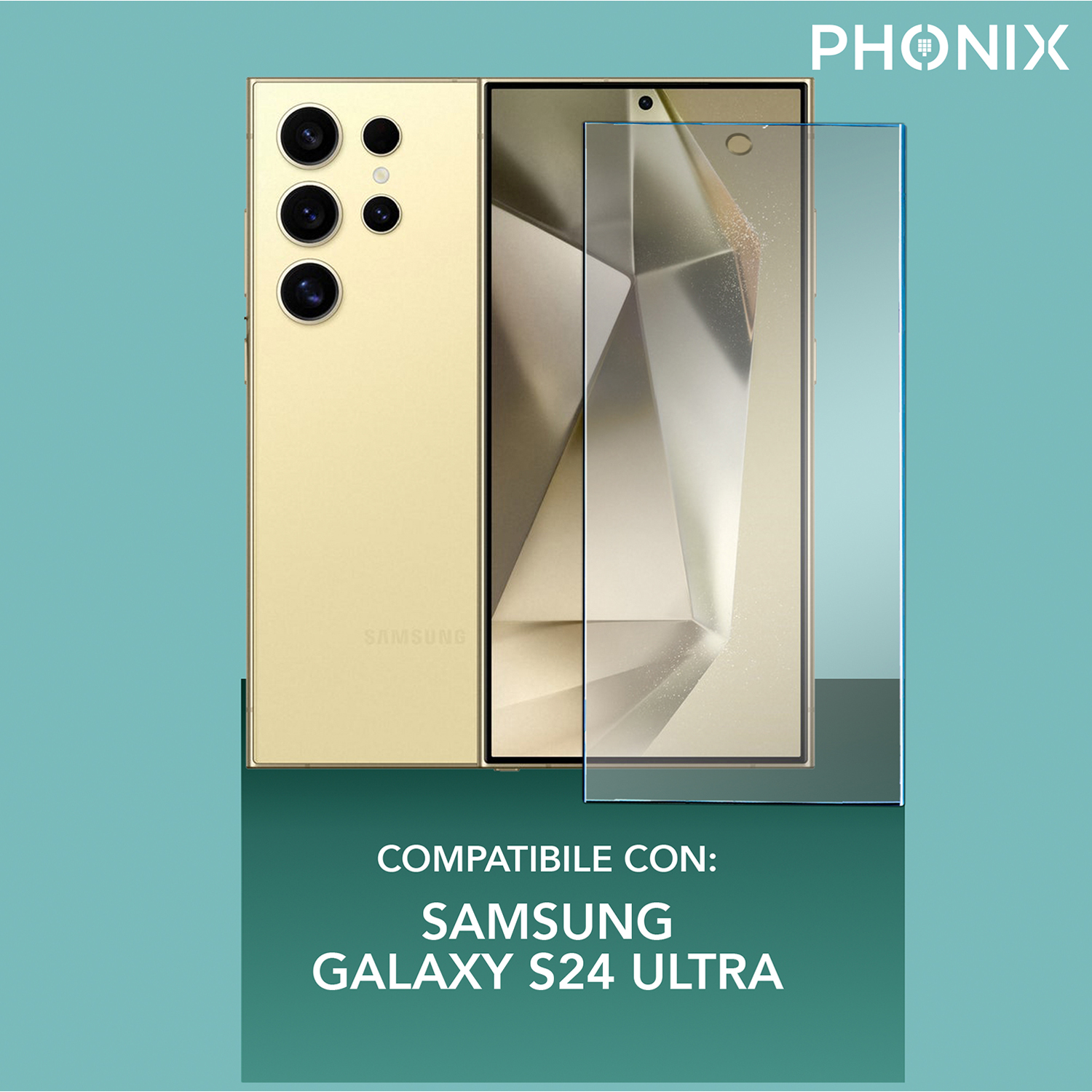 Un telefono con una protezione per lo schermo, con il testo 'COMPATIBILE CON: SAMSUNG GALAXY S24 ULTRA'.