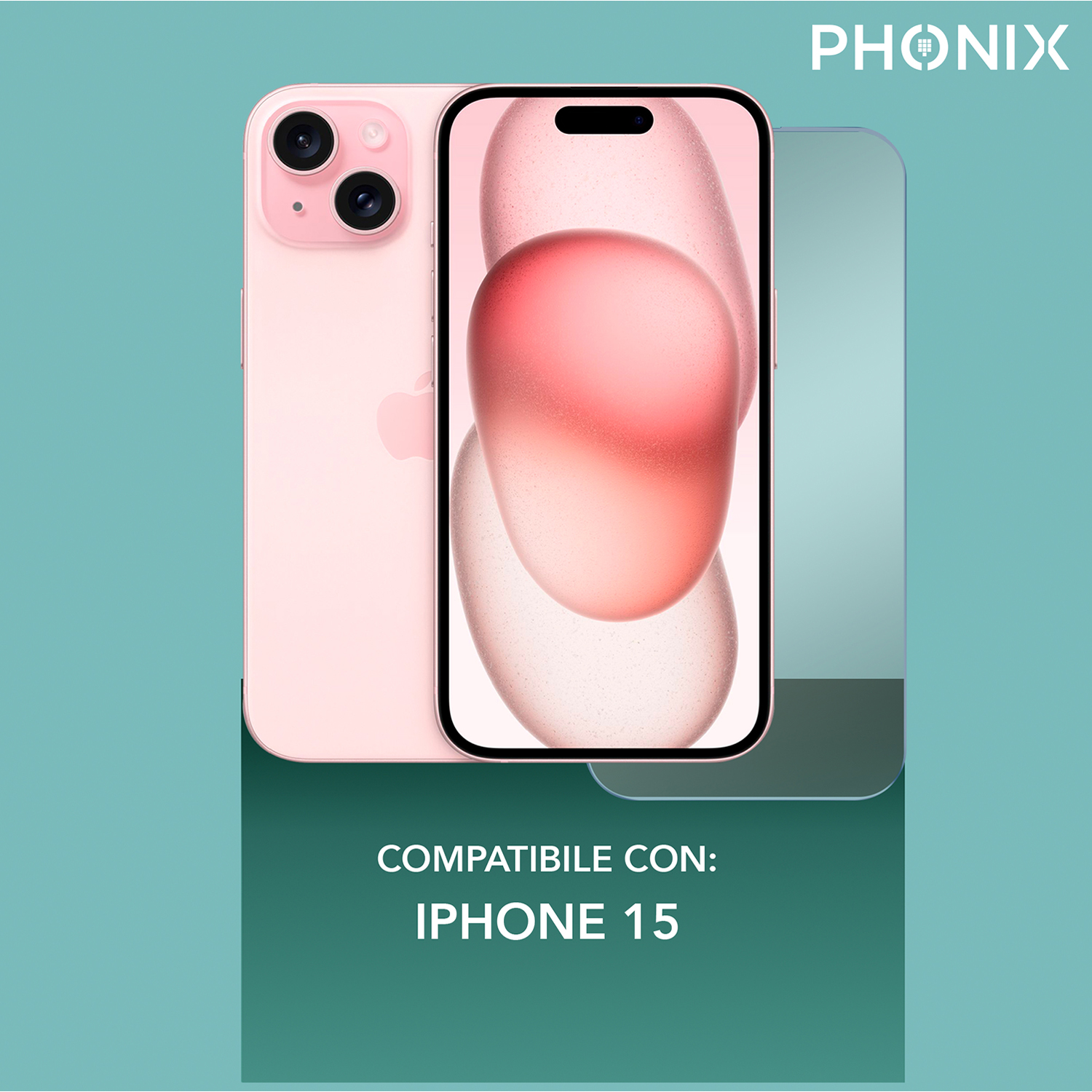 iPhone 15 rosa, con protezione schermo, accanto ad un proteggi schermo.
