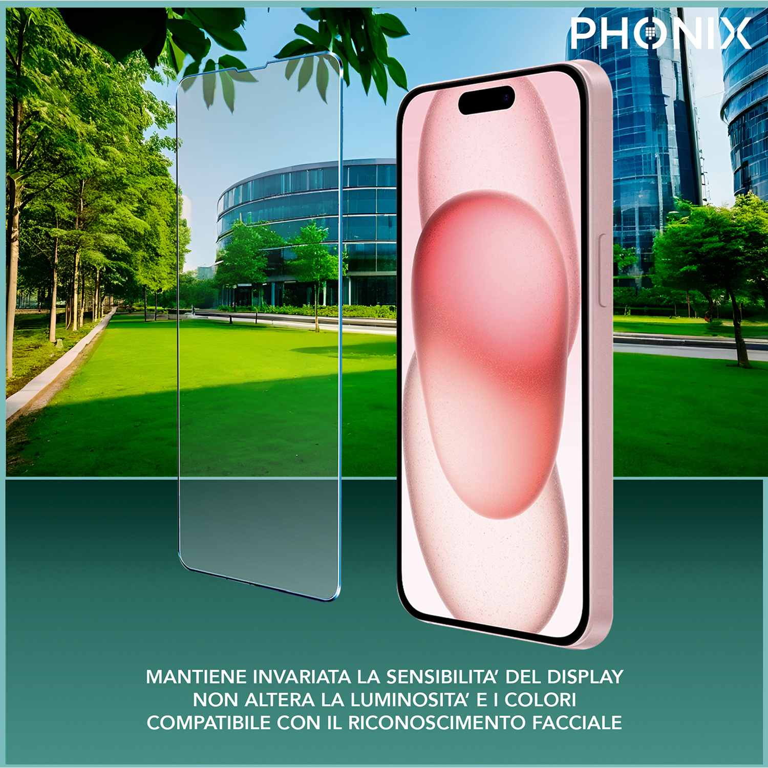 Telefono con protezione schermo davanti a un paesaggio verde.