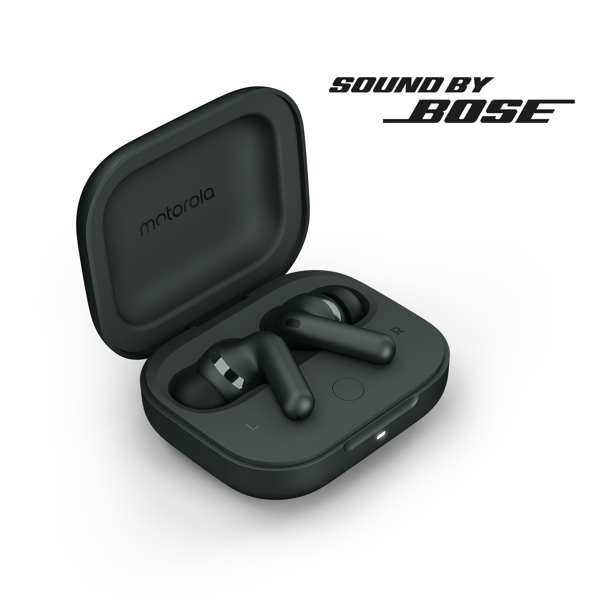 Czarne słuchawki Motorola w etui ładującym z napisem 'Sound by Bose'.