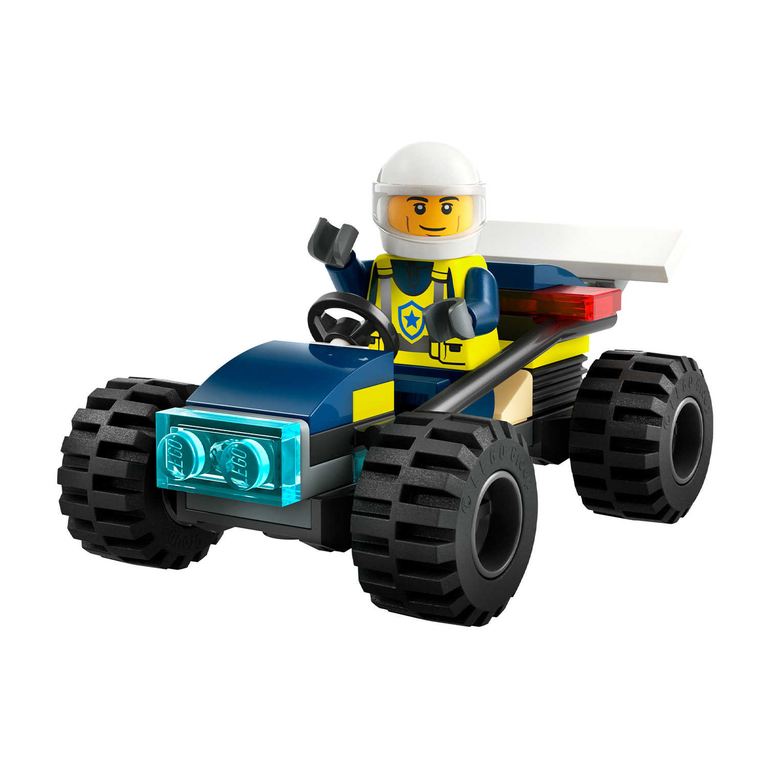 Auto della polizia Lego con un poliziotto. Schema di colori blu e giallo, sfondo bianco.