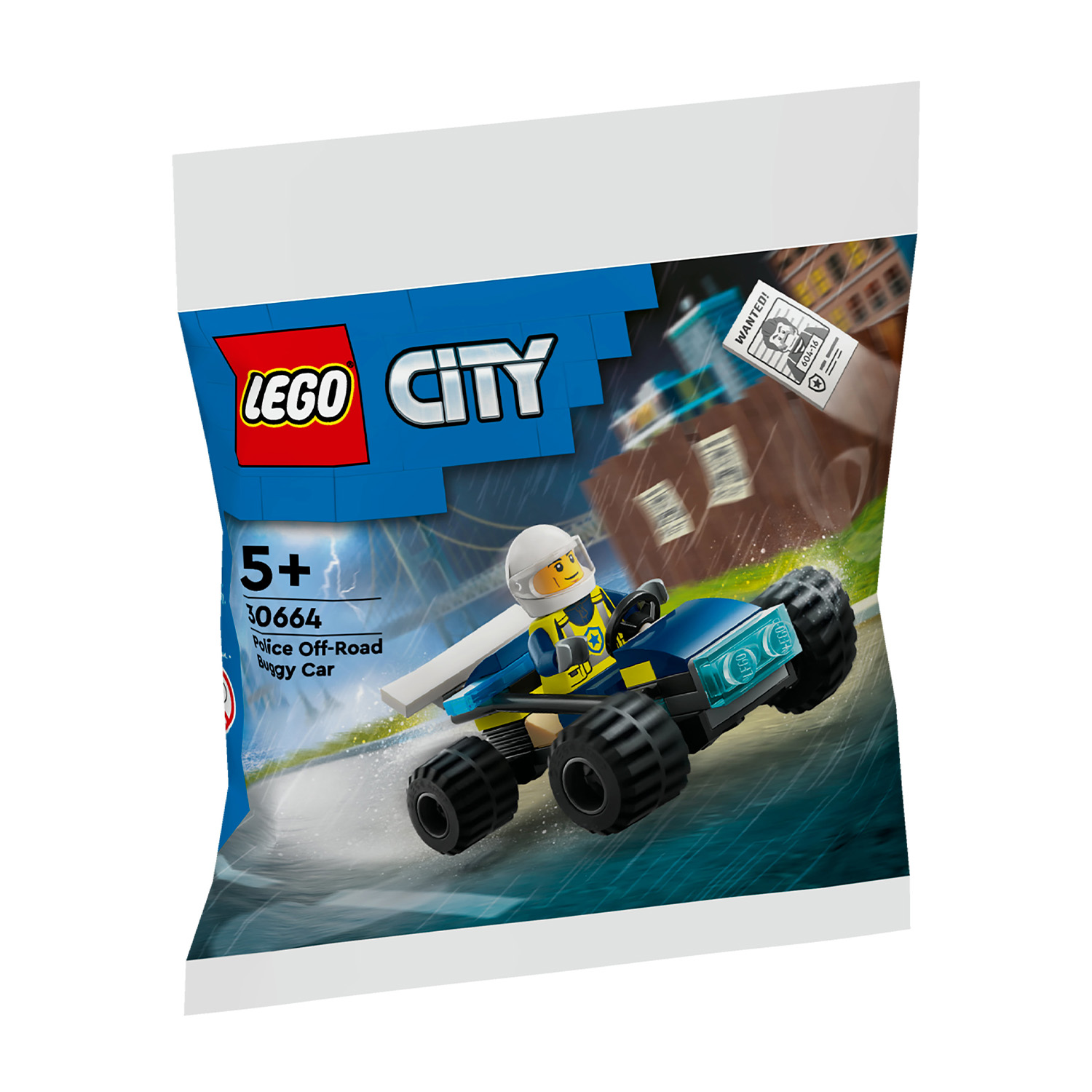 Auto buggy LEGO City Police Off-Road in sacchetto con minifigure di poliziotto.
